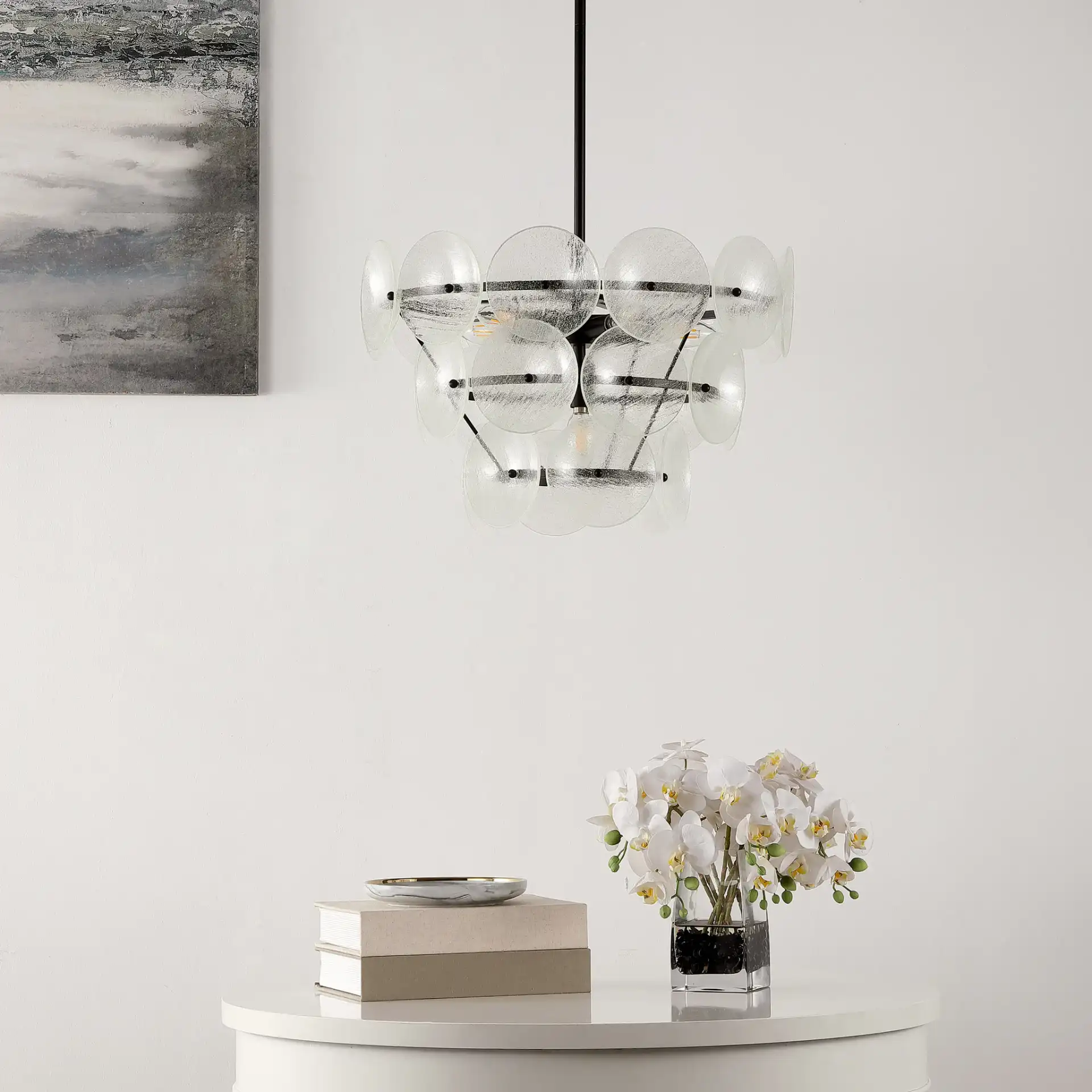 Landreth Six-Light Chandelier in Black / Clear in a styled room