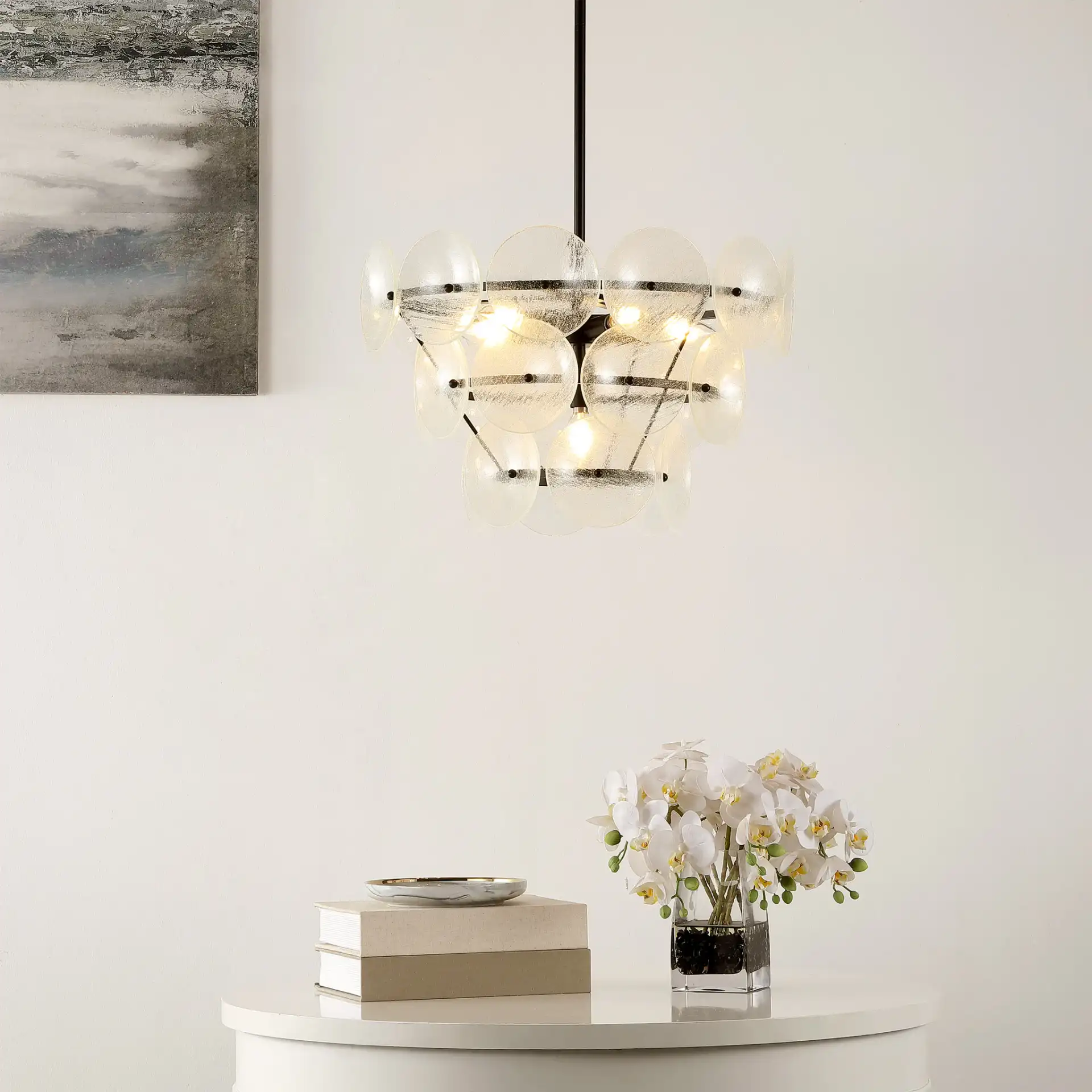 Landreth Six-Light Chandelier in Black / Clear in a styled room