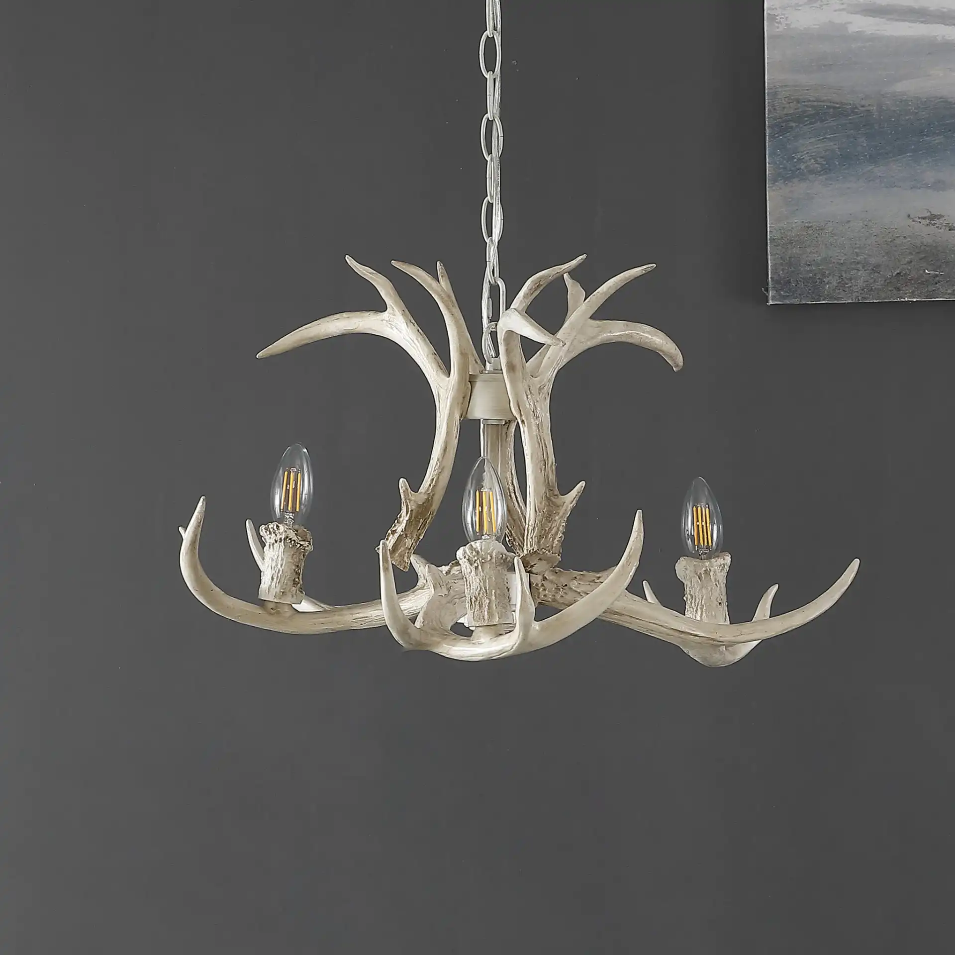 Cenwyn Three-Light Chandelier in Antique White, detail view