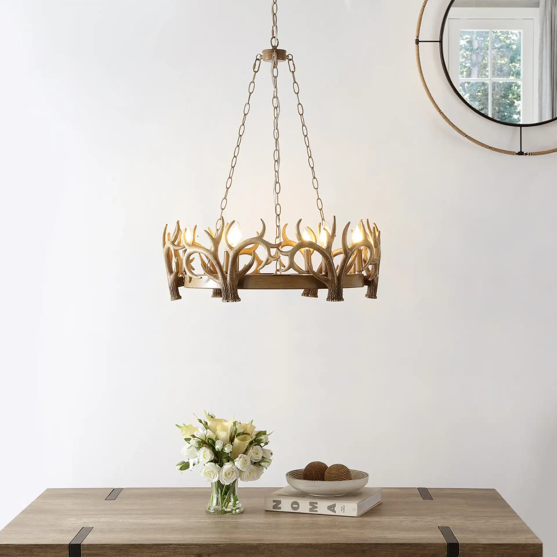 Duriel Six-Light Chandelier in Antique Brown in a styled room