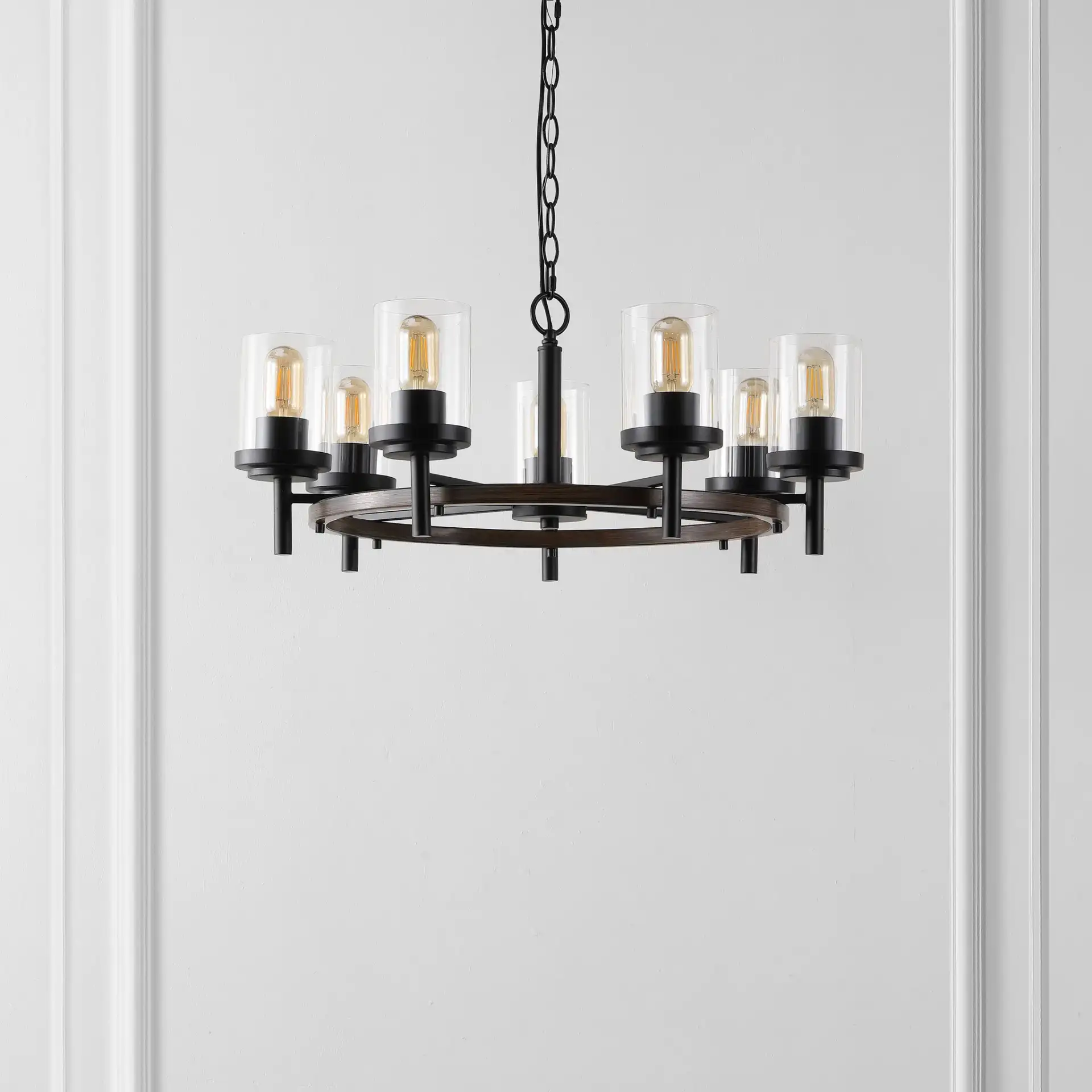 Vancouver Seven-Light Chandelier in Dark Walnut / Black in a styled room