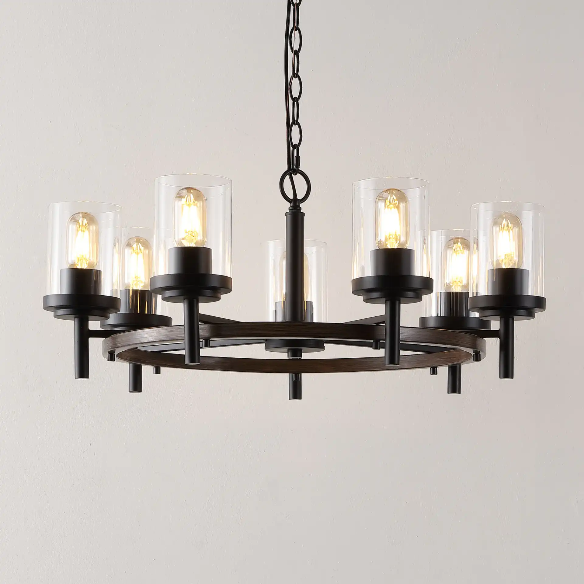 Vancouver Seven-Light Chandelier in Dark Walnut / Black in a styled room