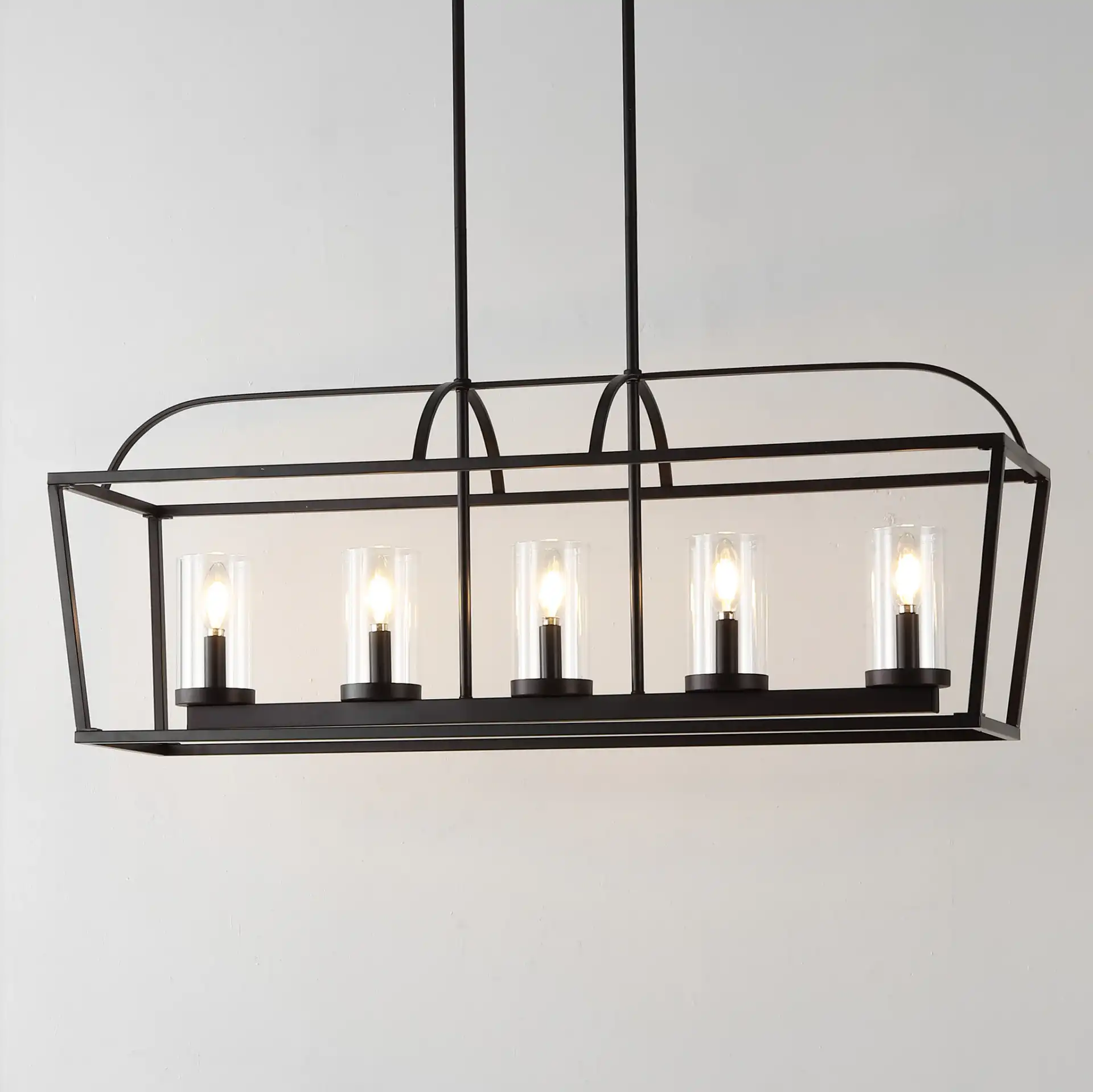 Manning Five-Light Chandelier in Oil Rub Bronze in a styled room