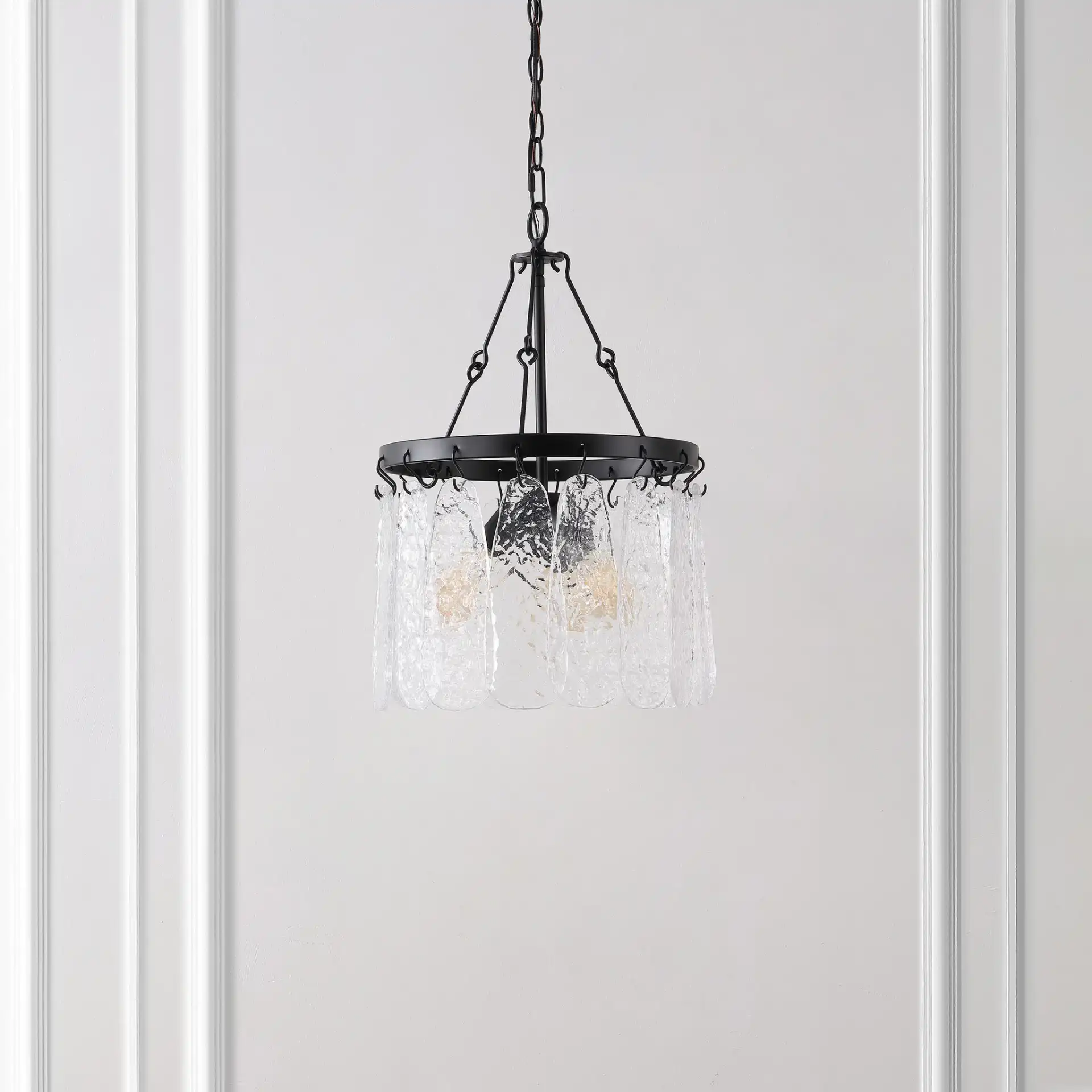 Thryssa Three-Light Chandelier in Black / Clear in a styled room