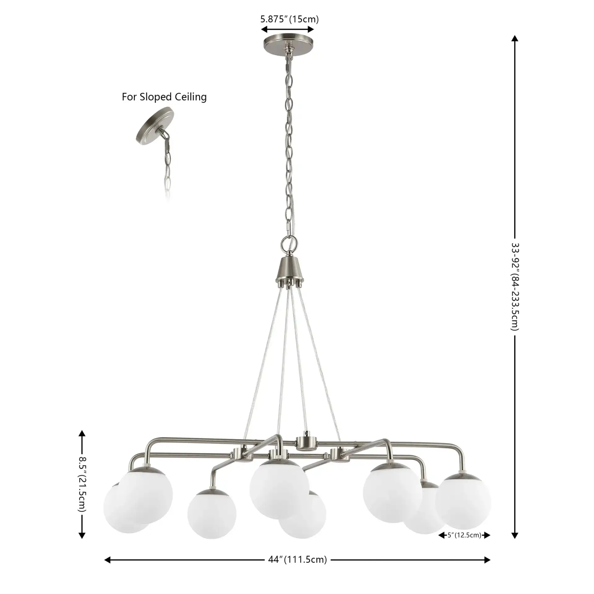 Denneau Eight-Light Chandelier in Nickel, detail view