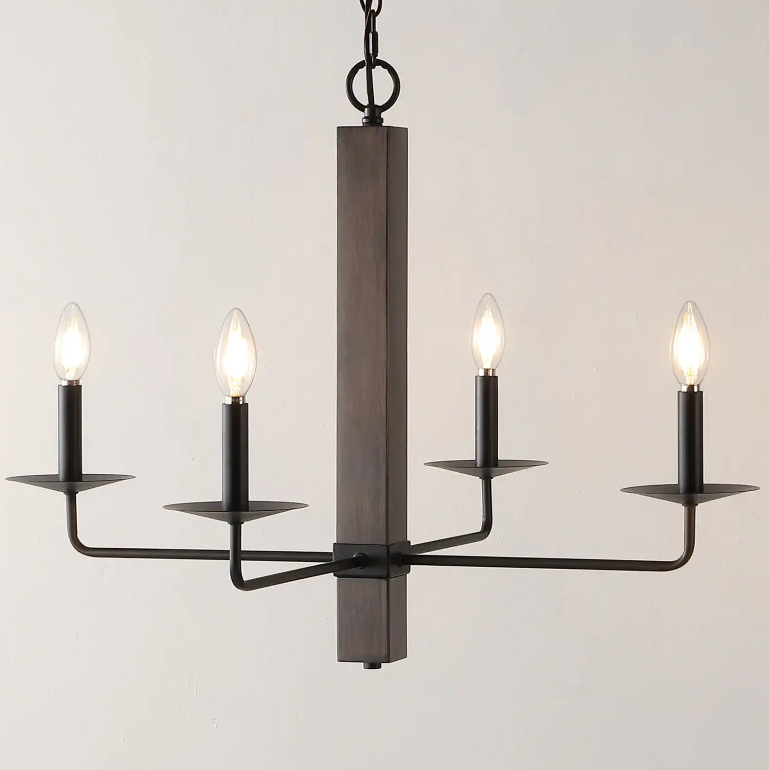 Oakly Four-Light Chandelier in Black / Walnut in a styled room