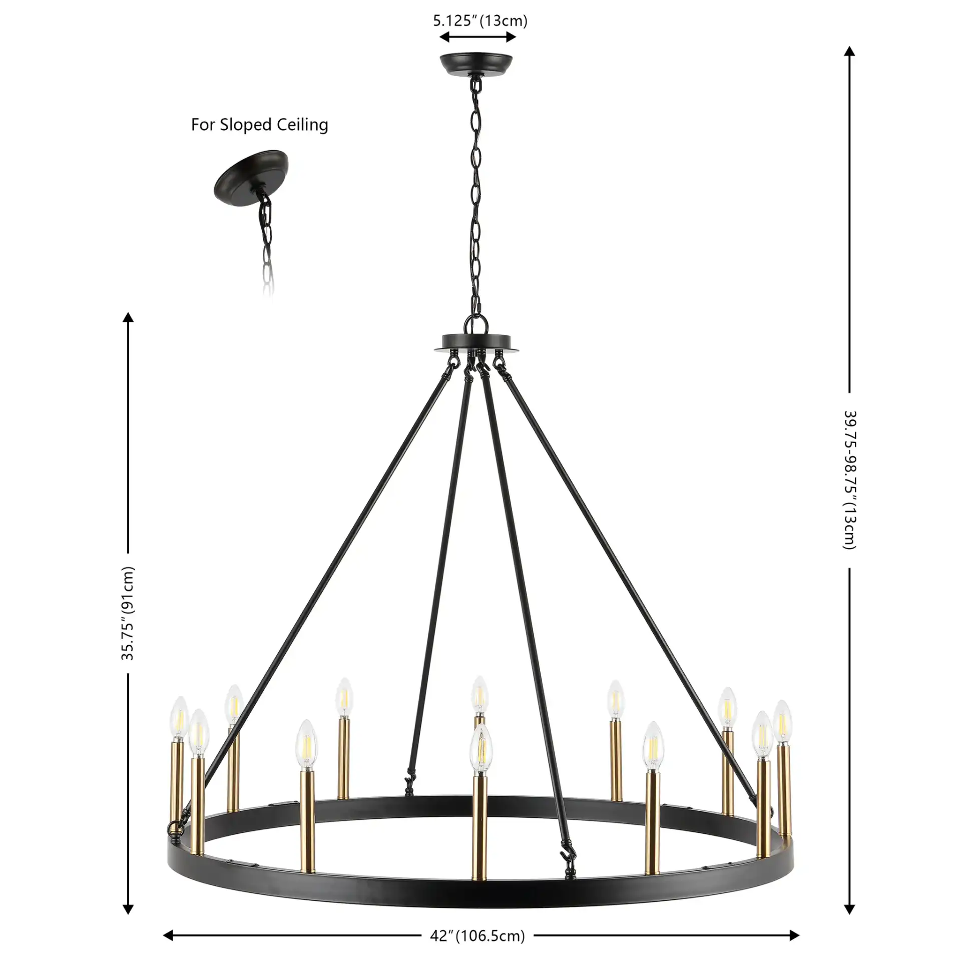 Taelor Twelve-Light Chandelier in Black / Gold, detail view
