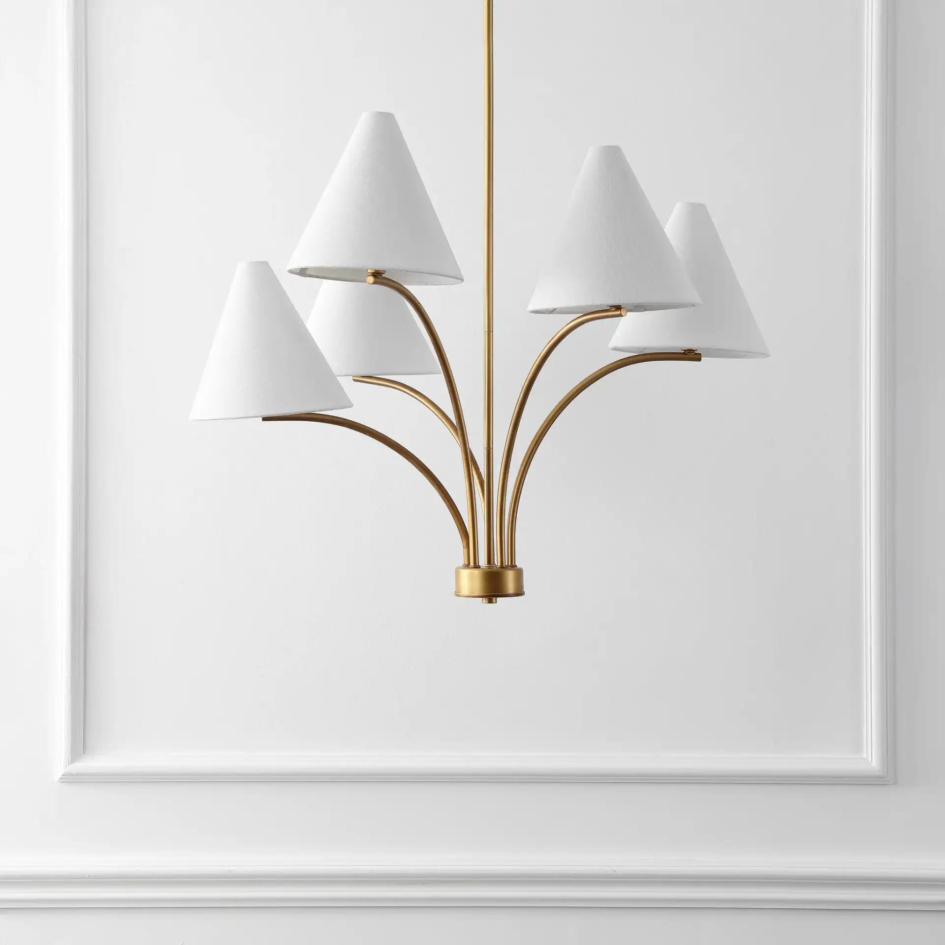 Johanna Five-Light Chandelier in Antique Brass in a styled room