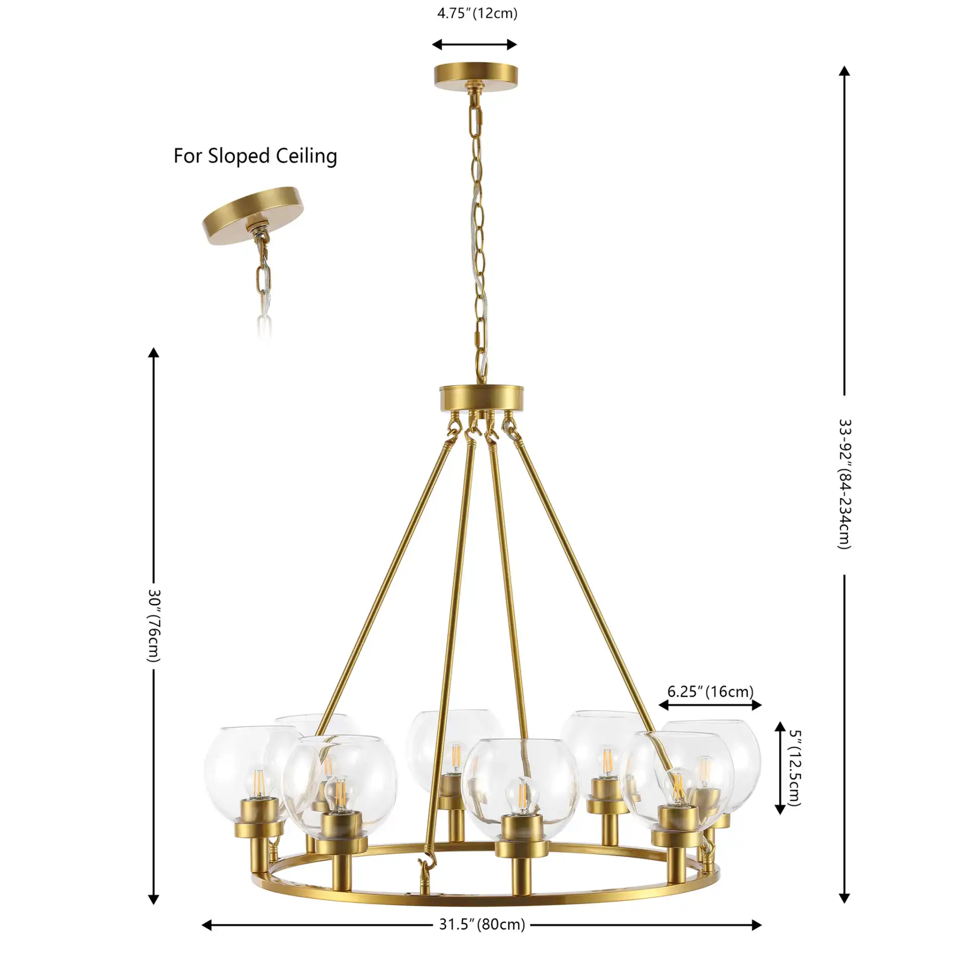 Sveda Eight-Light Chandelier in Brass, detail view