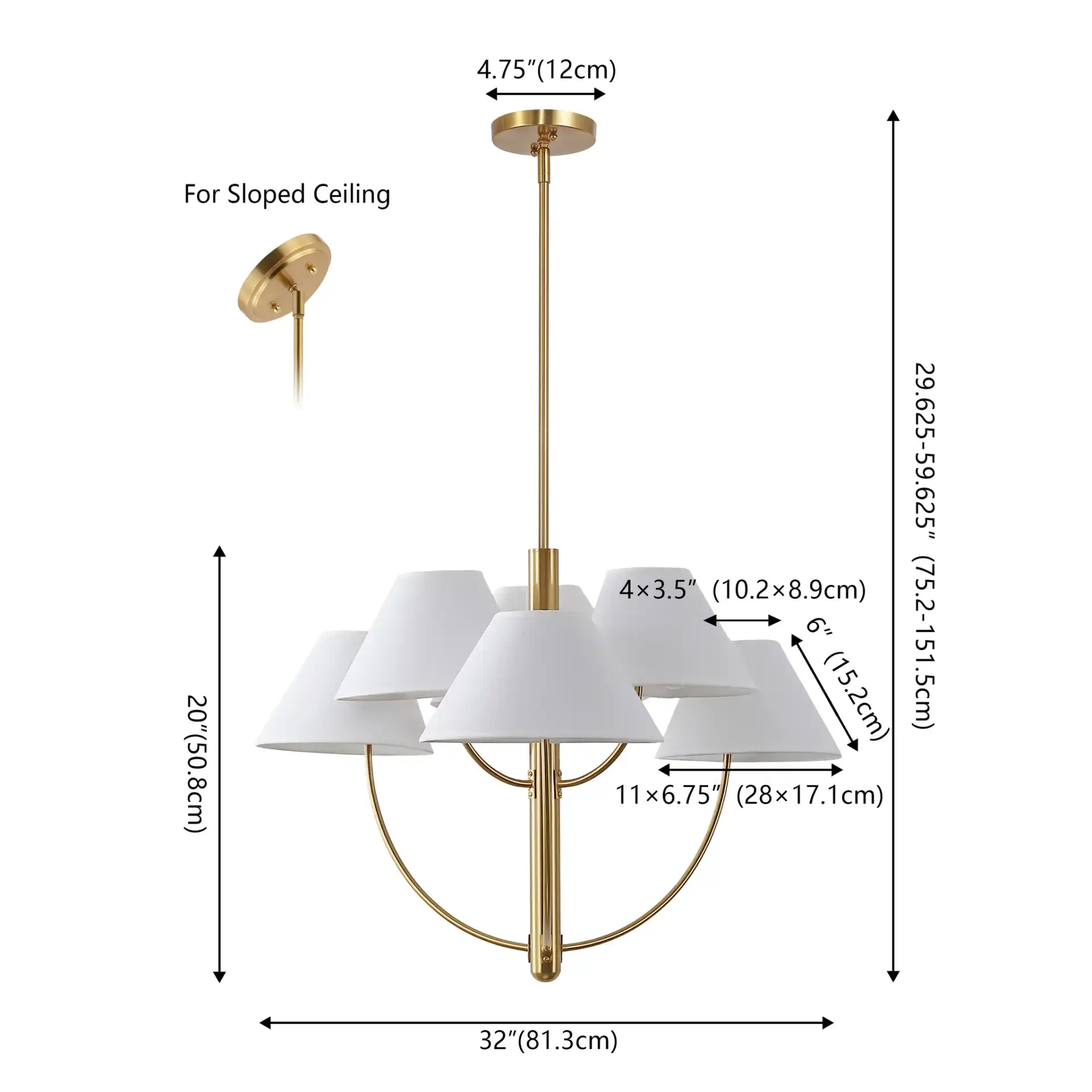 Madsen Six-Light Chandelier in Brass, detail view