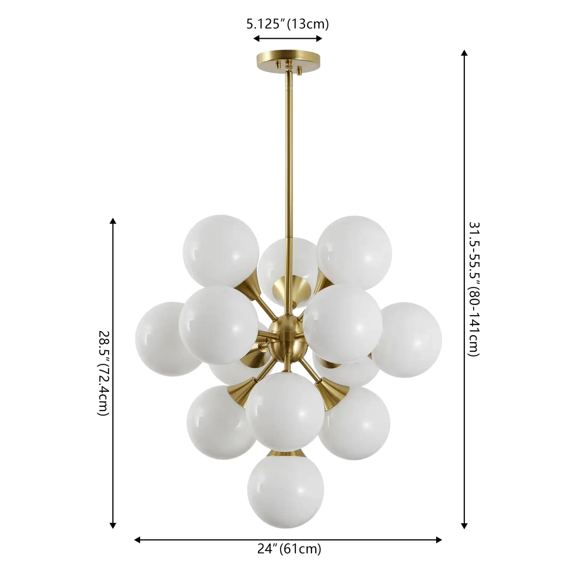 Delvine Thirteen-Light Chandelier in Brass / White, detail view