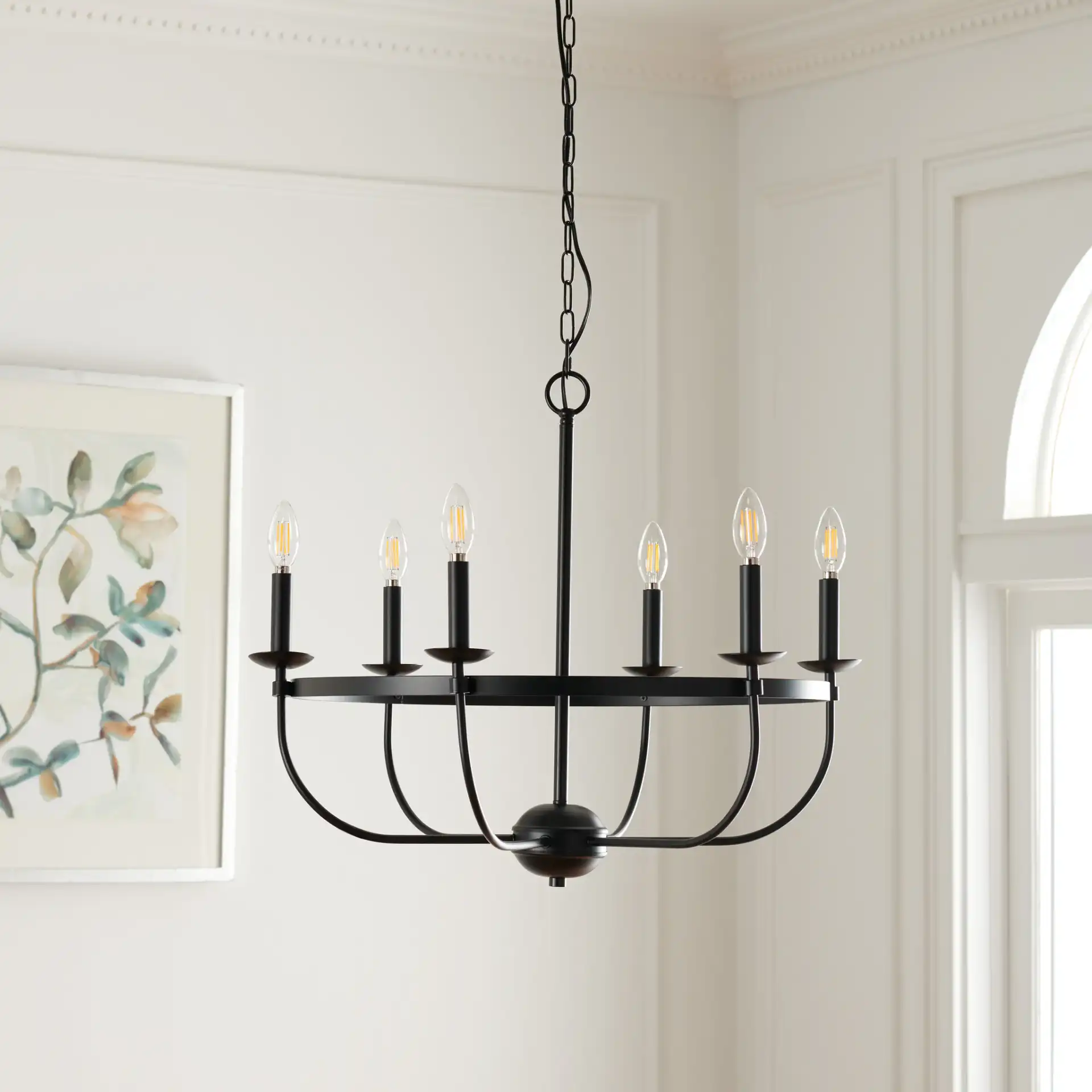 Lannan Six-Light Chandelier in Black in a styled room