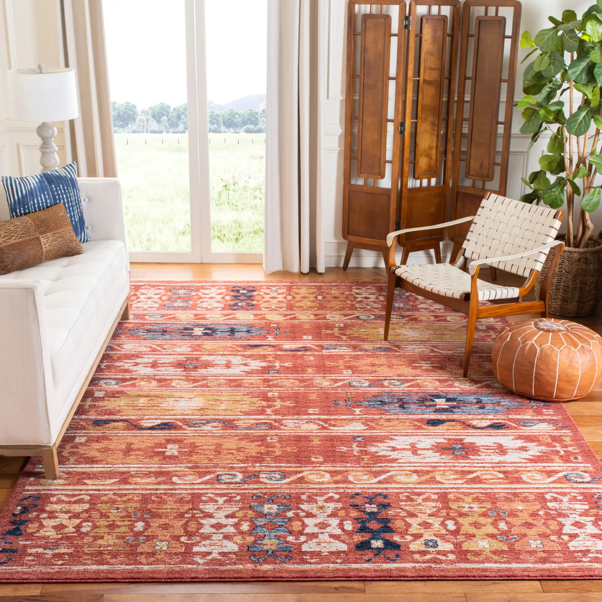 Charleston Banded Geometric Rug in Rust / Ivory in a styled room
