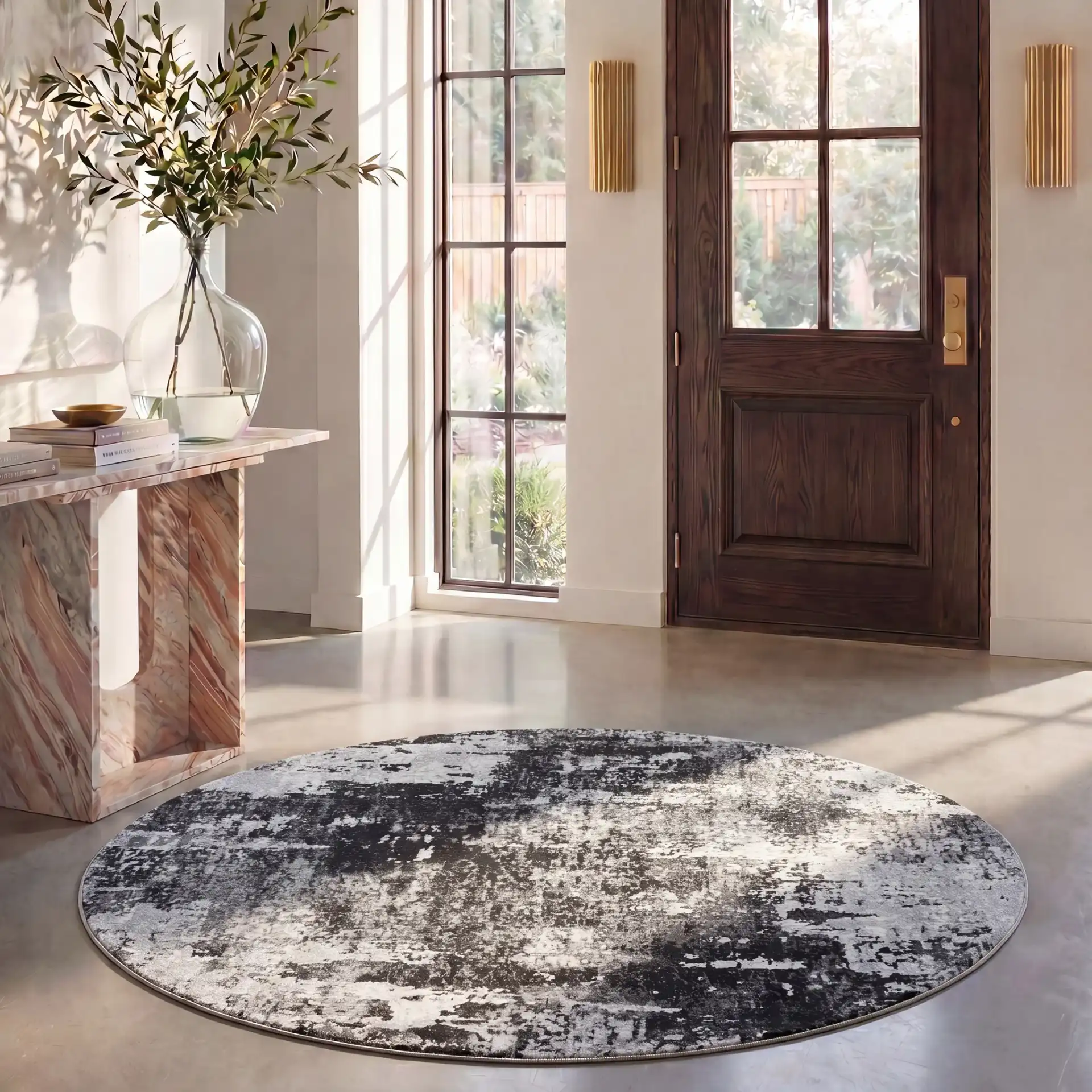 Chamber Abstract Rug in Gray / Dark Gray in a styled room