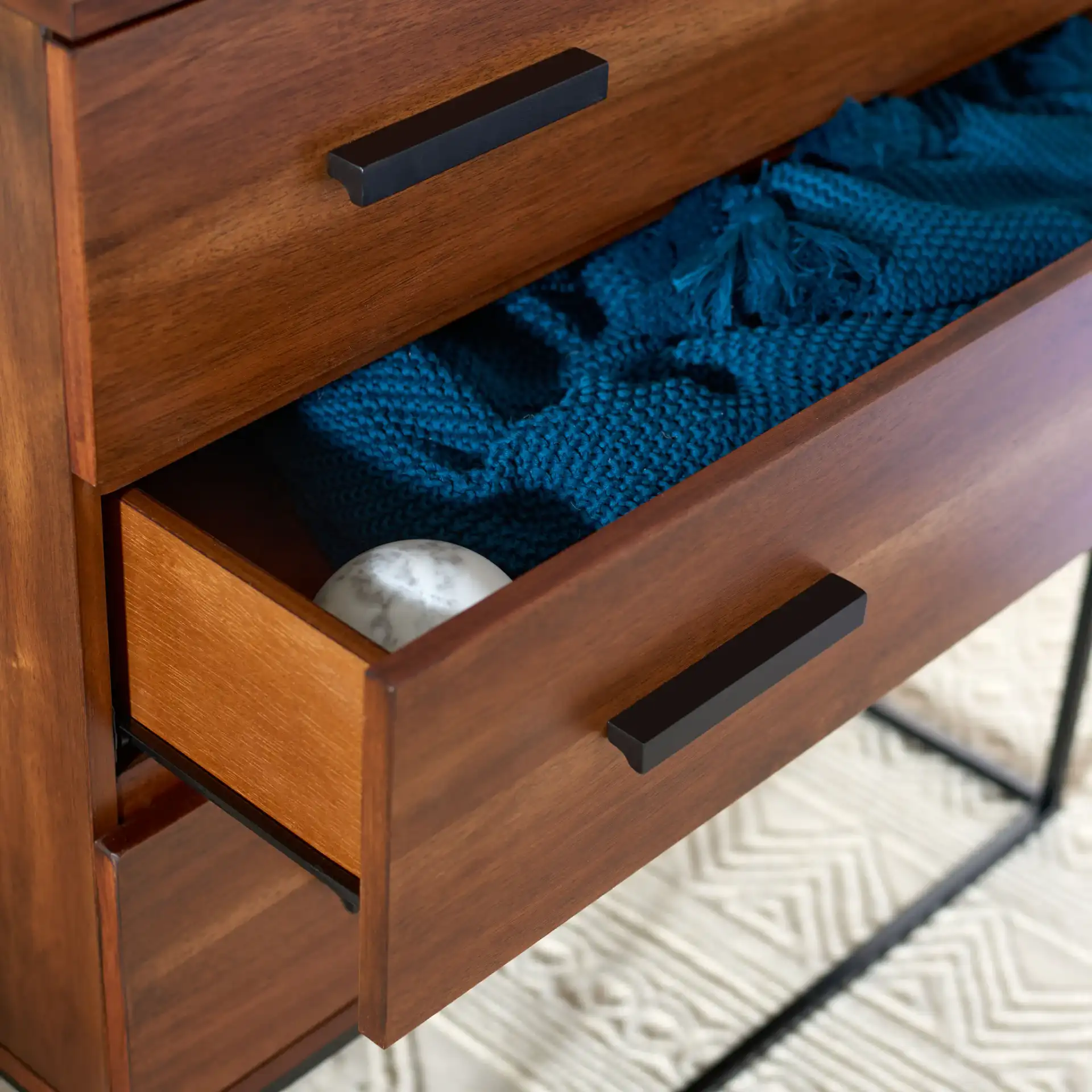 Marquise Three-Drawer Chest in Brown, detail view