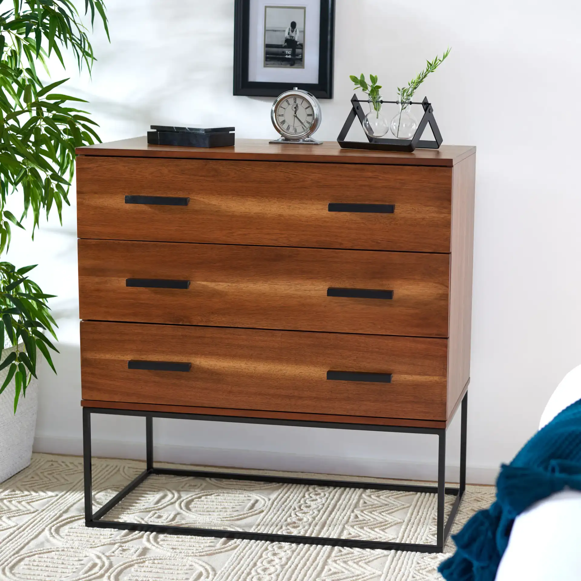 Marquise Three-Drawer Chest in Brown in a styled room