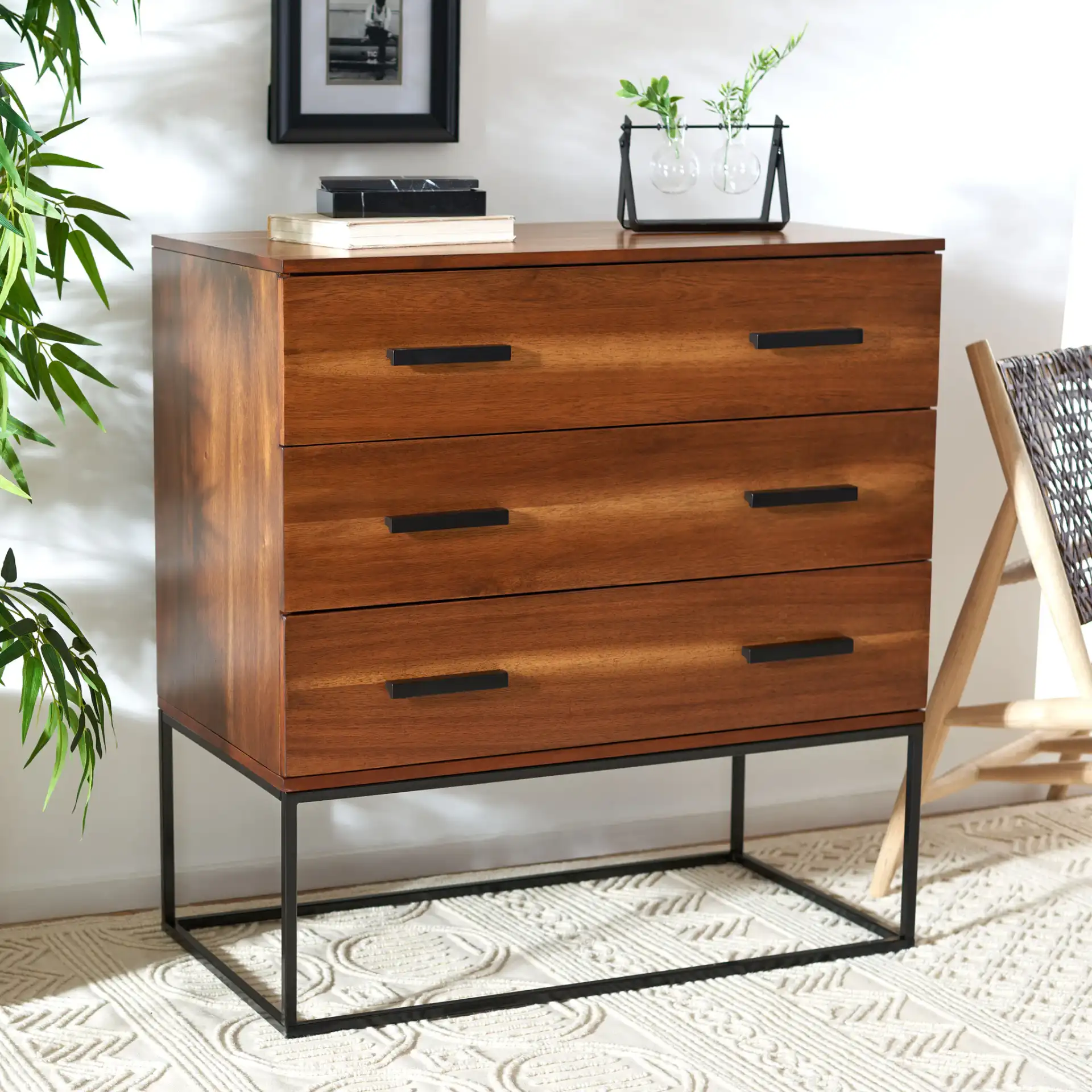 Marquise Three-Drawer Chest in Brown in a styled room
