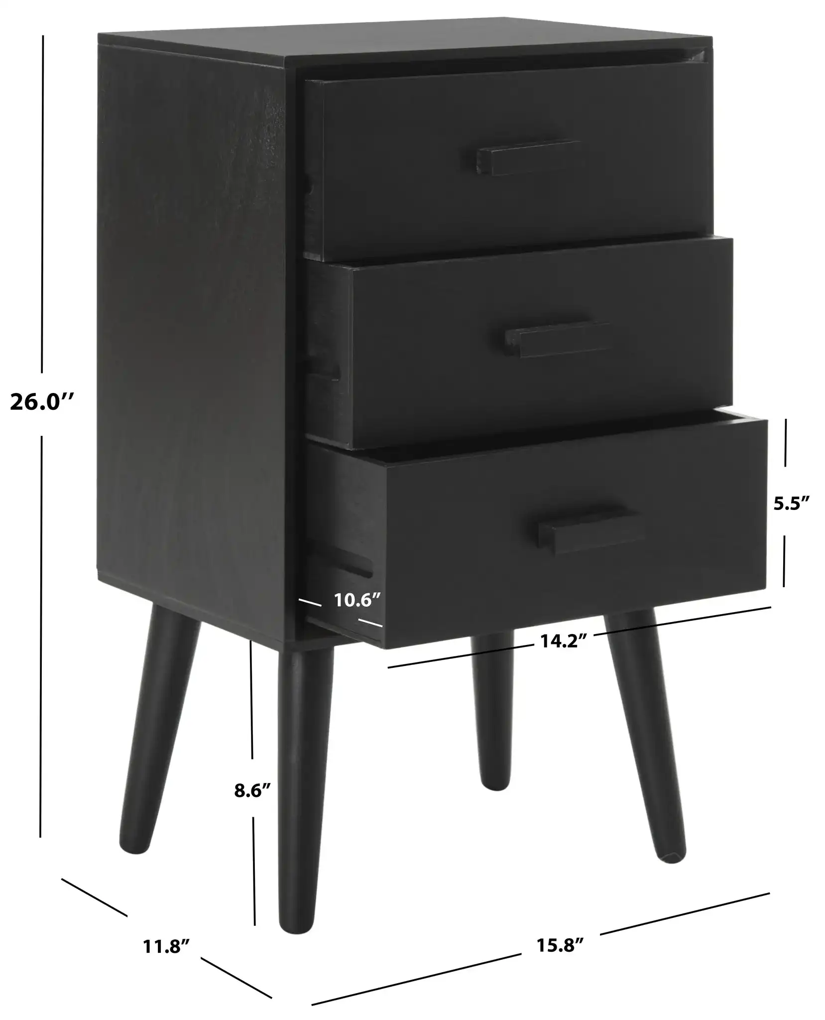 Pomona Three-Drawer Accent Table in Black, detail view