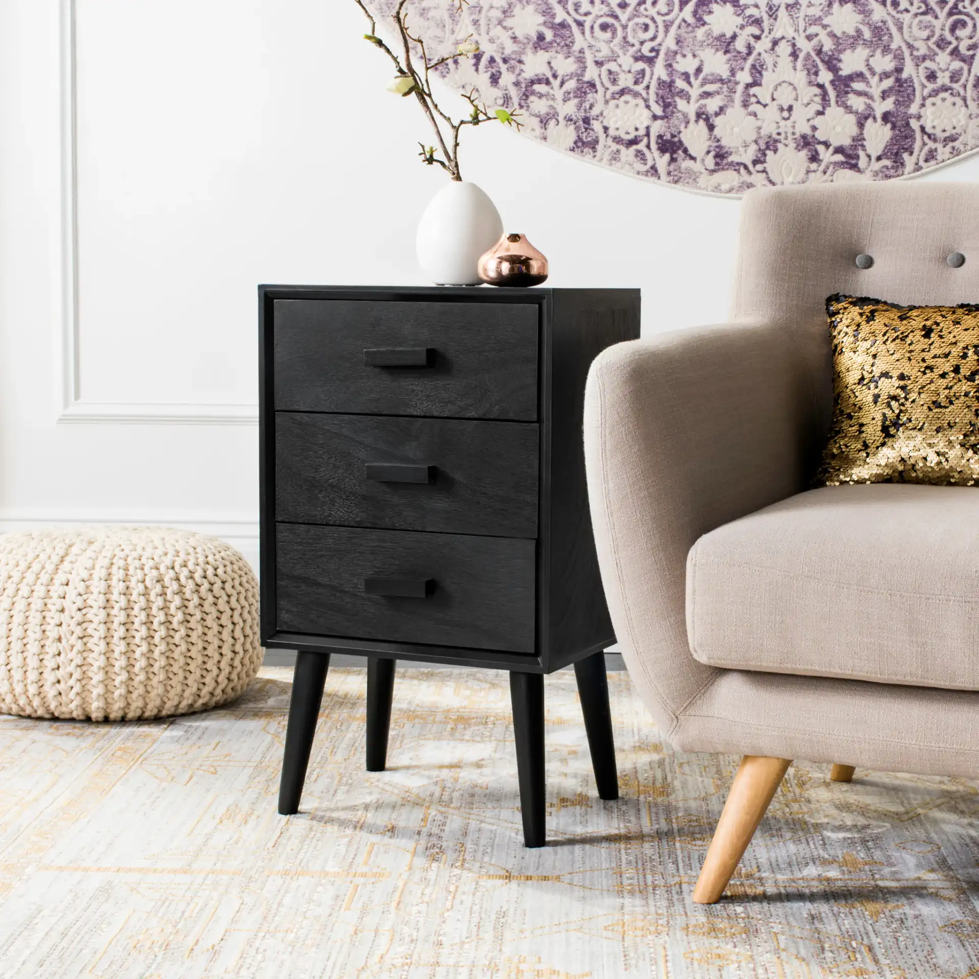Pomona Three-Drawer Accent Table in Black in a styled room