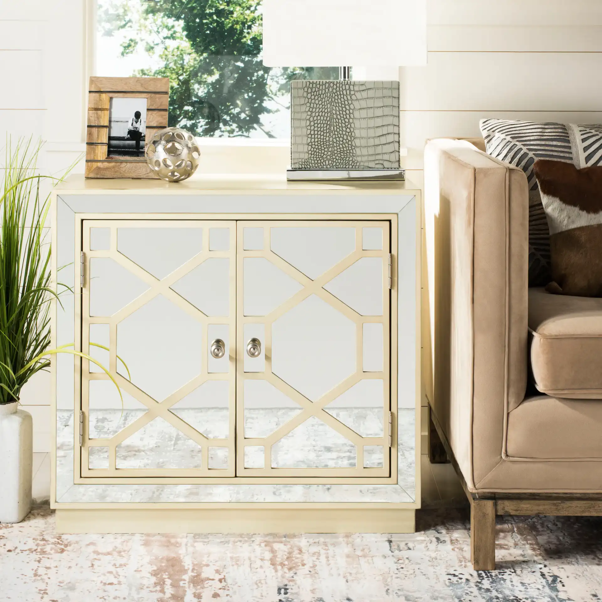 Juniper Two-Door Chest in Antique Beige in a styled room