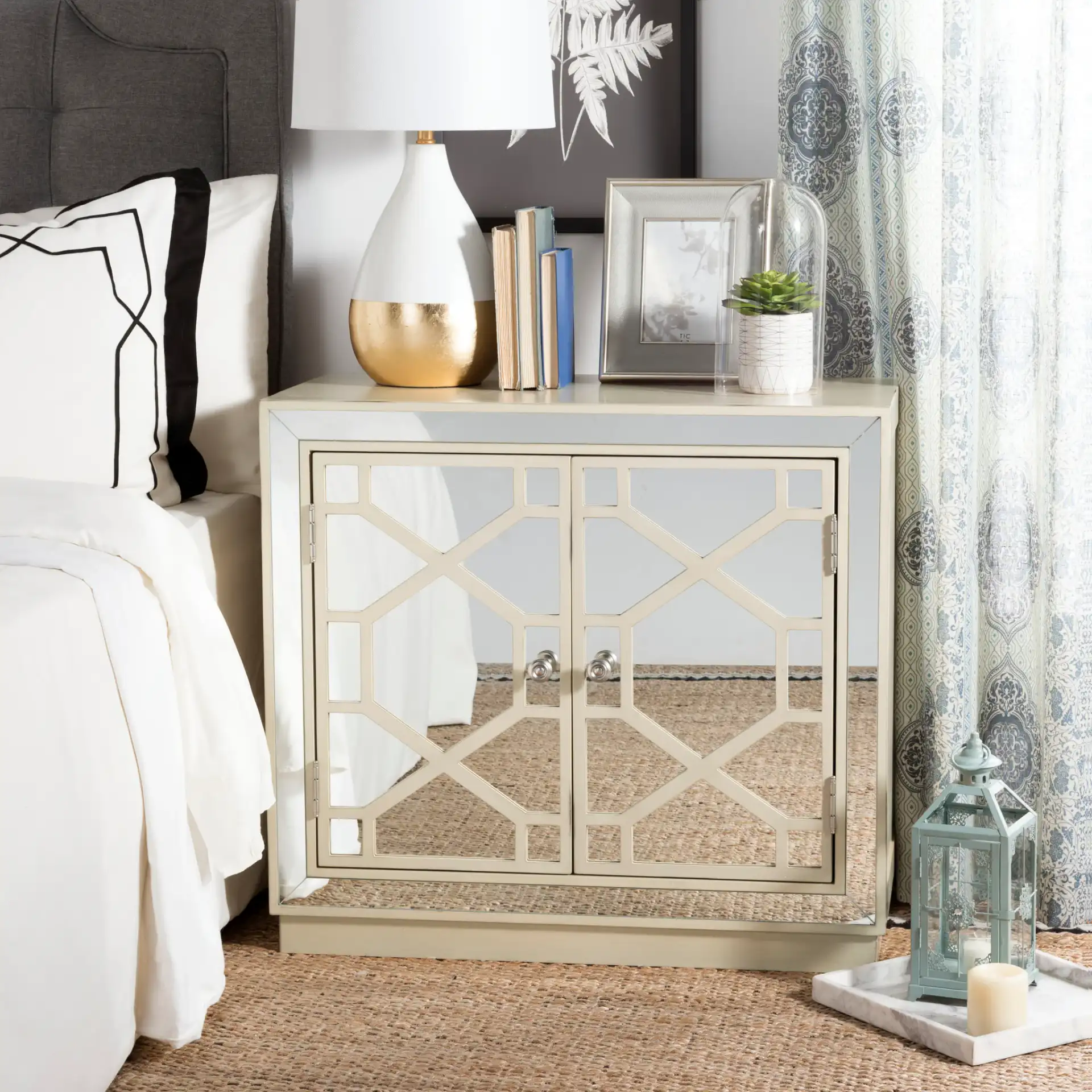 Juniper Two-Door Chest in Antique Beige in a styled room