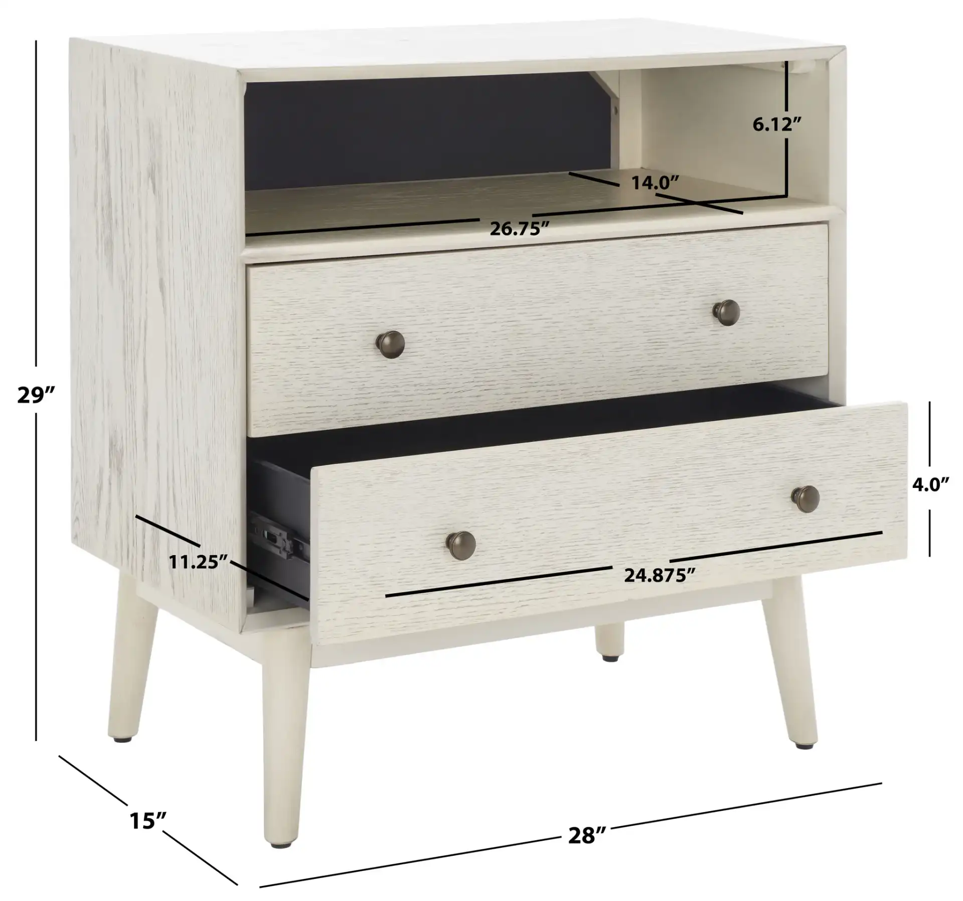 Scully Two-Drawer One-Shelf Chest in Medium Oak / Antique Gold, detail view
