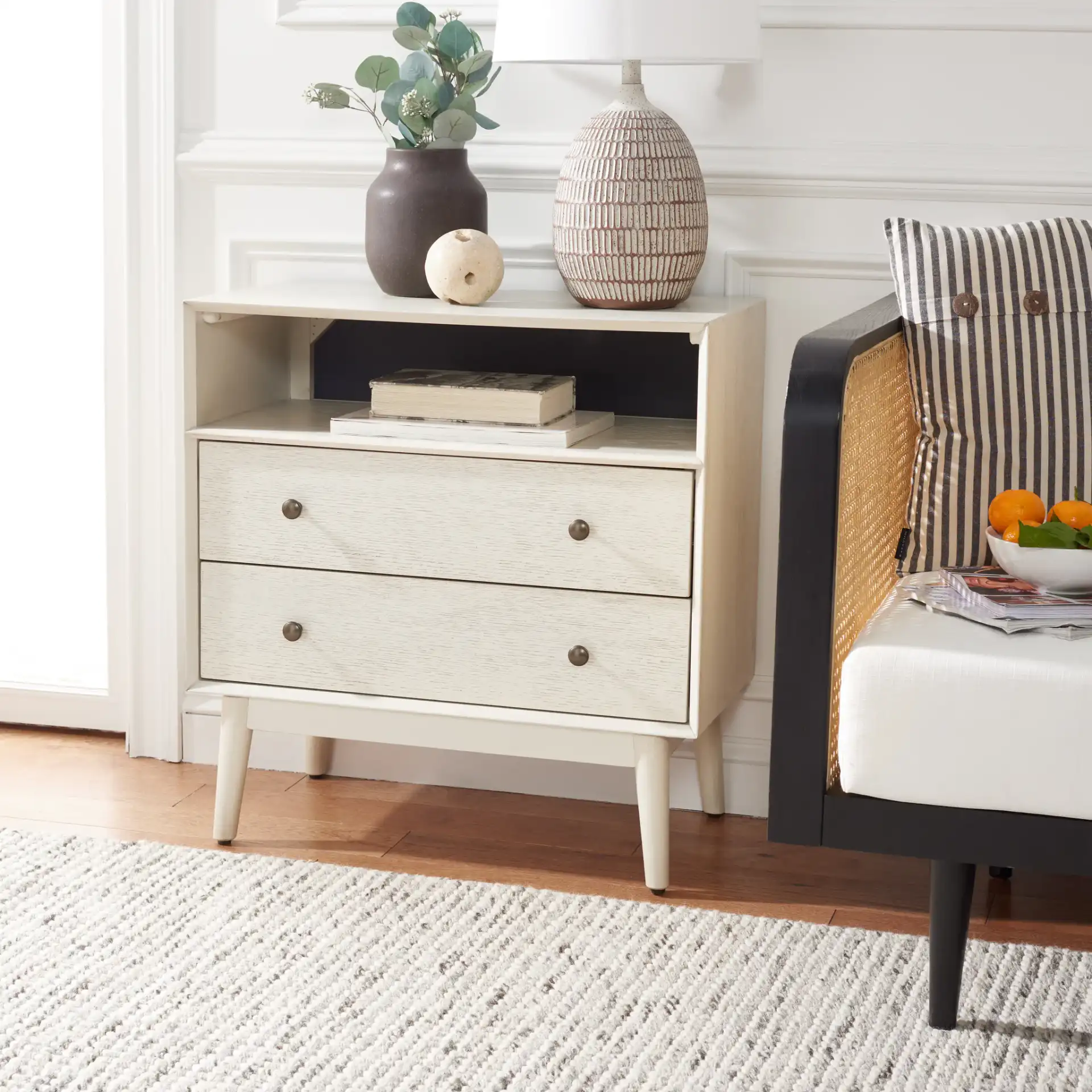 Scully Two-Drawer One-Shelf Chest in Medium Oak / Antique Gold in a styled room