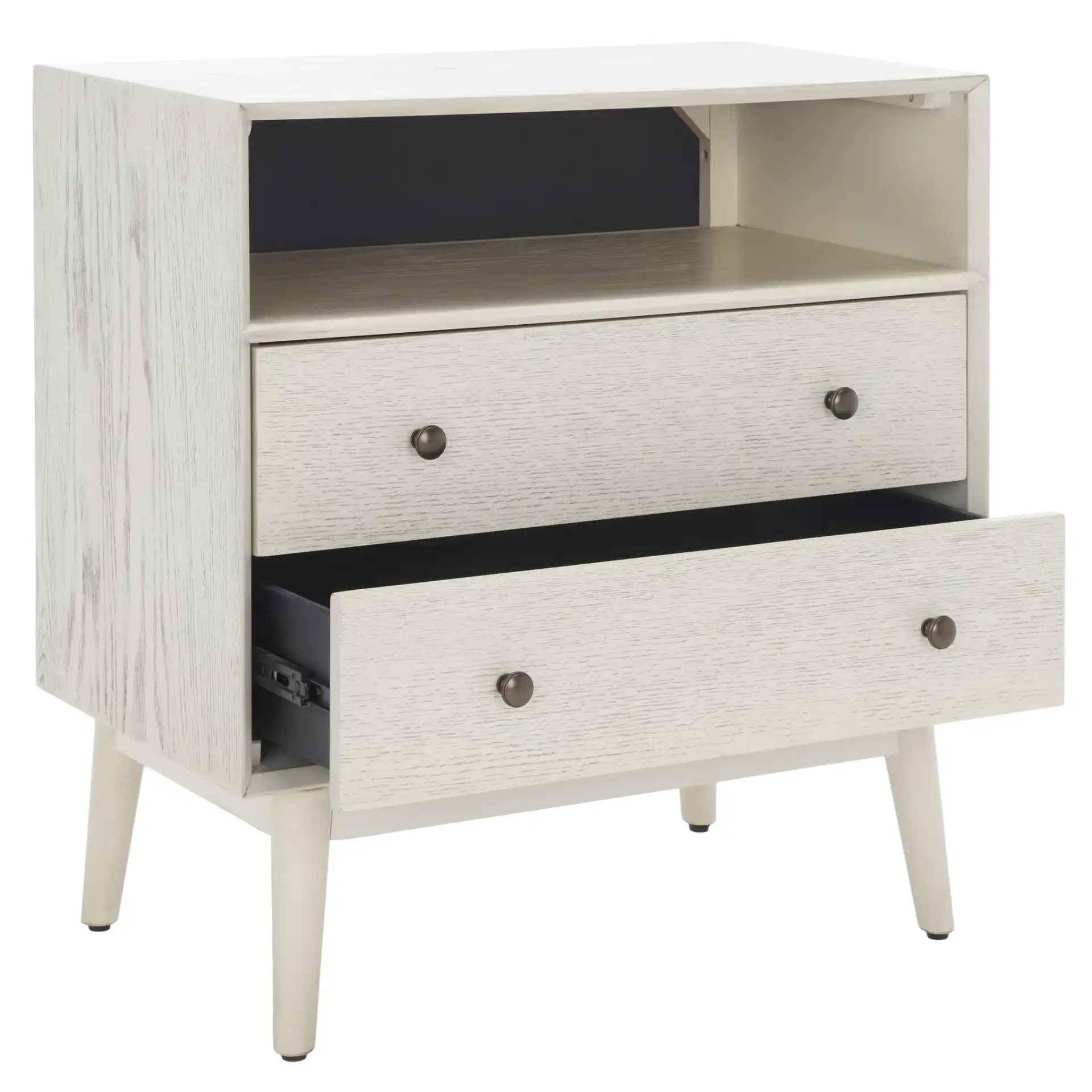Scully Two-Drawer One-Shelf Chest in Medium Oak / Antique Gold, detail view