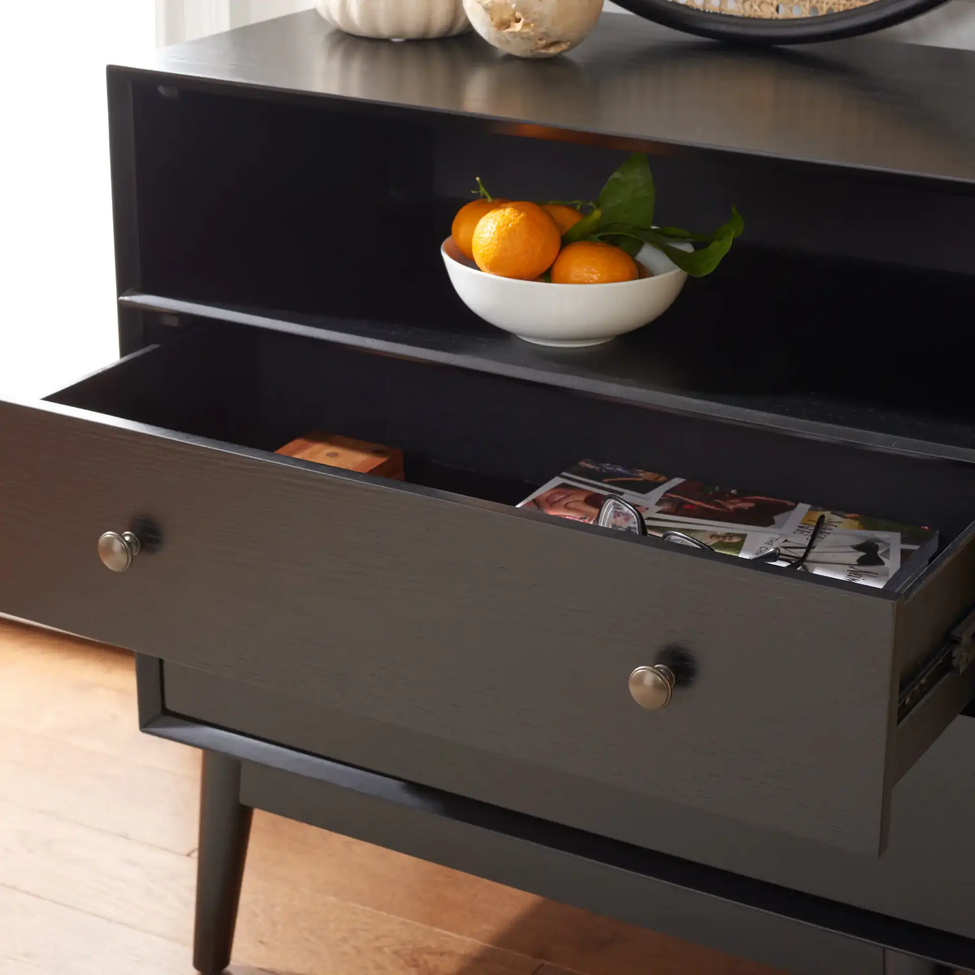 Scully Two-Drawer One-Shelf Chest in Medium Oak / Antique Gold in a styled room