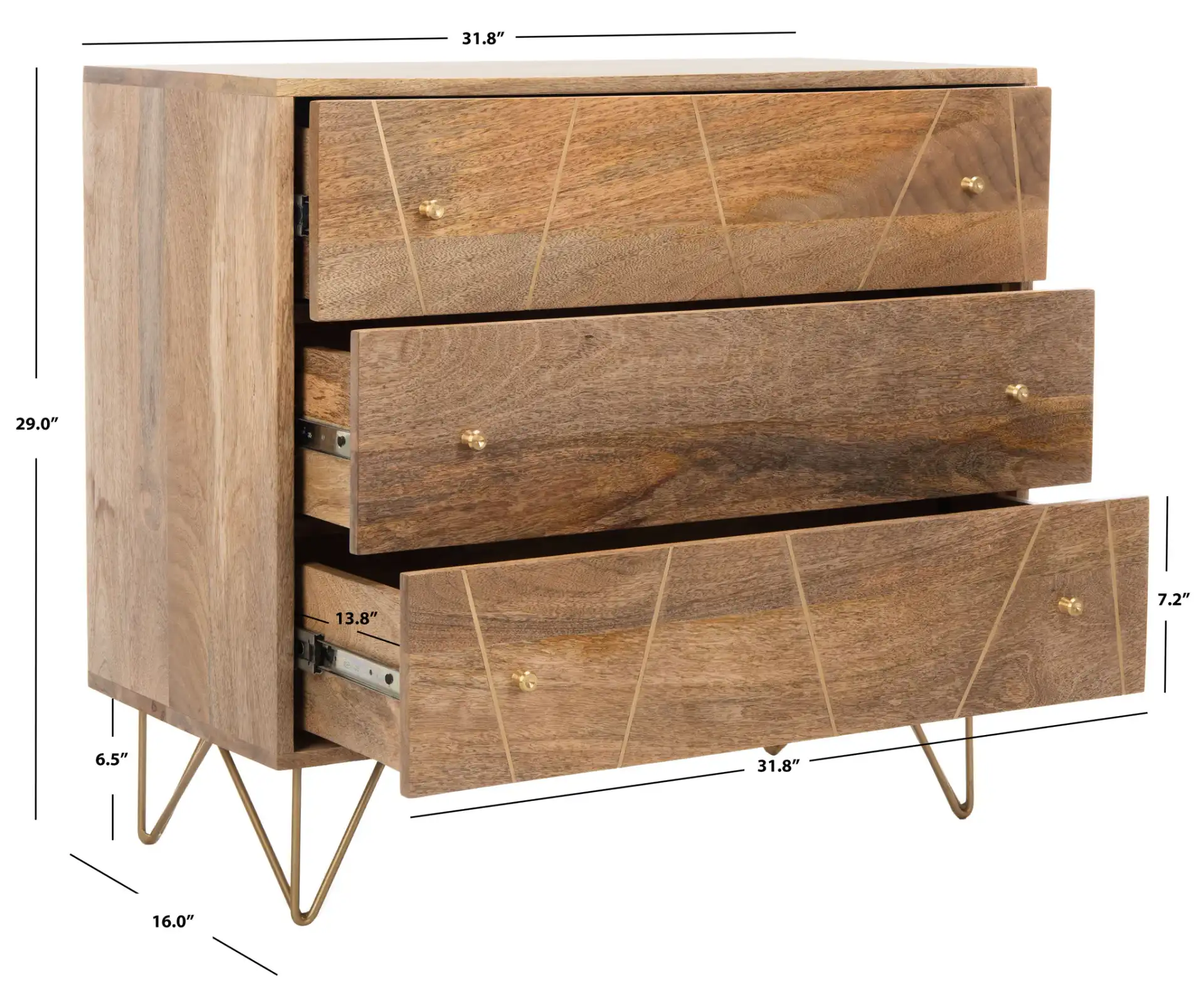 Marigold Three-Drawer Chest in Natural / Brass, detail view