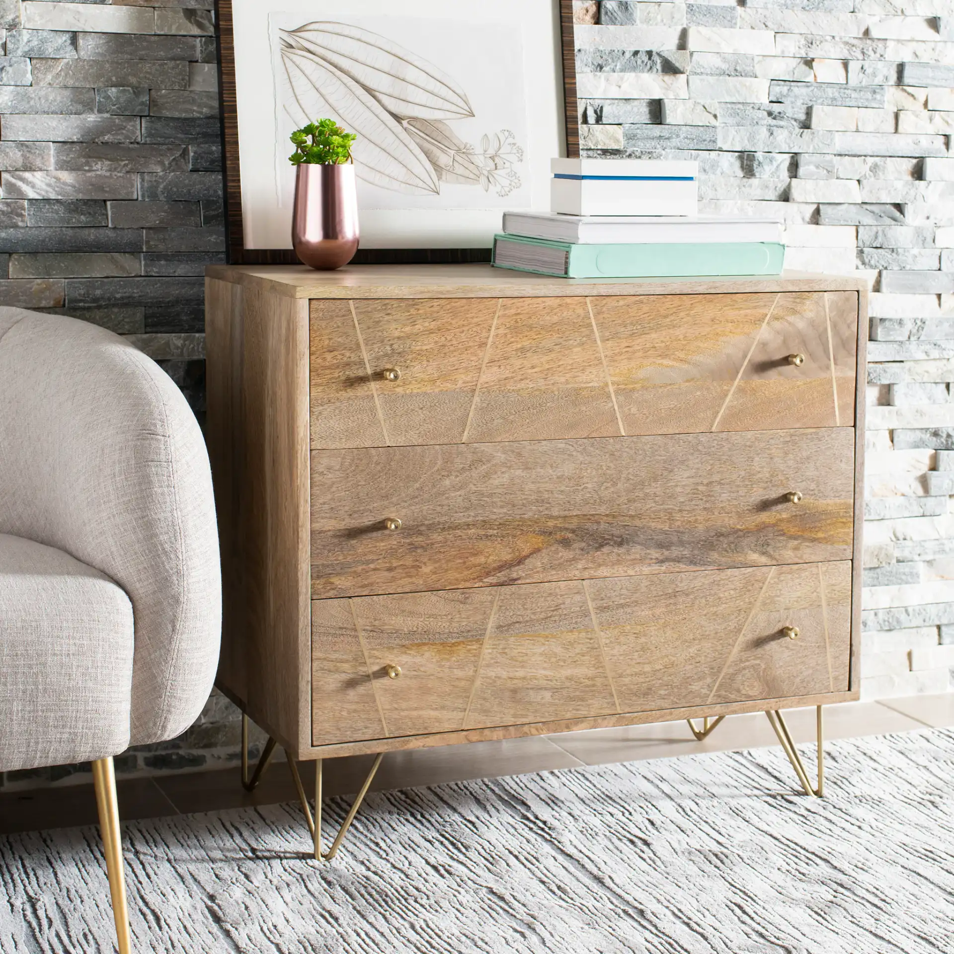 Marigold Three-Drawer Chest in Natural / Brass in a styled room