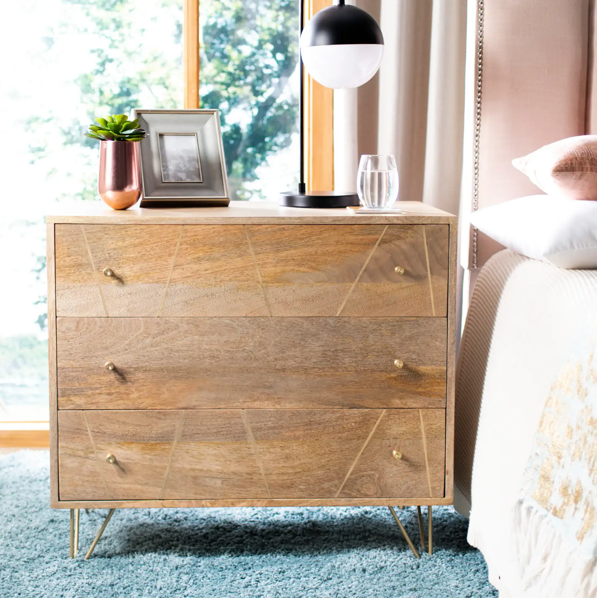 Marigold Three-Drawer Chest in Natural / Brass in a styled room