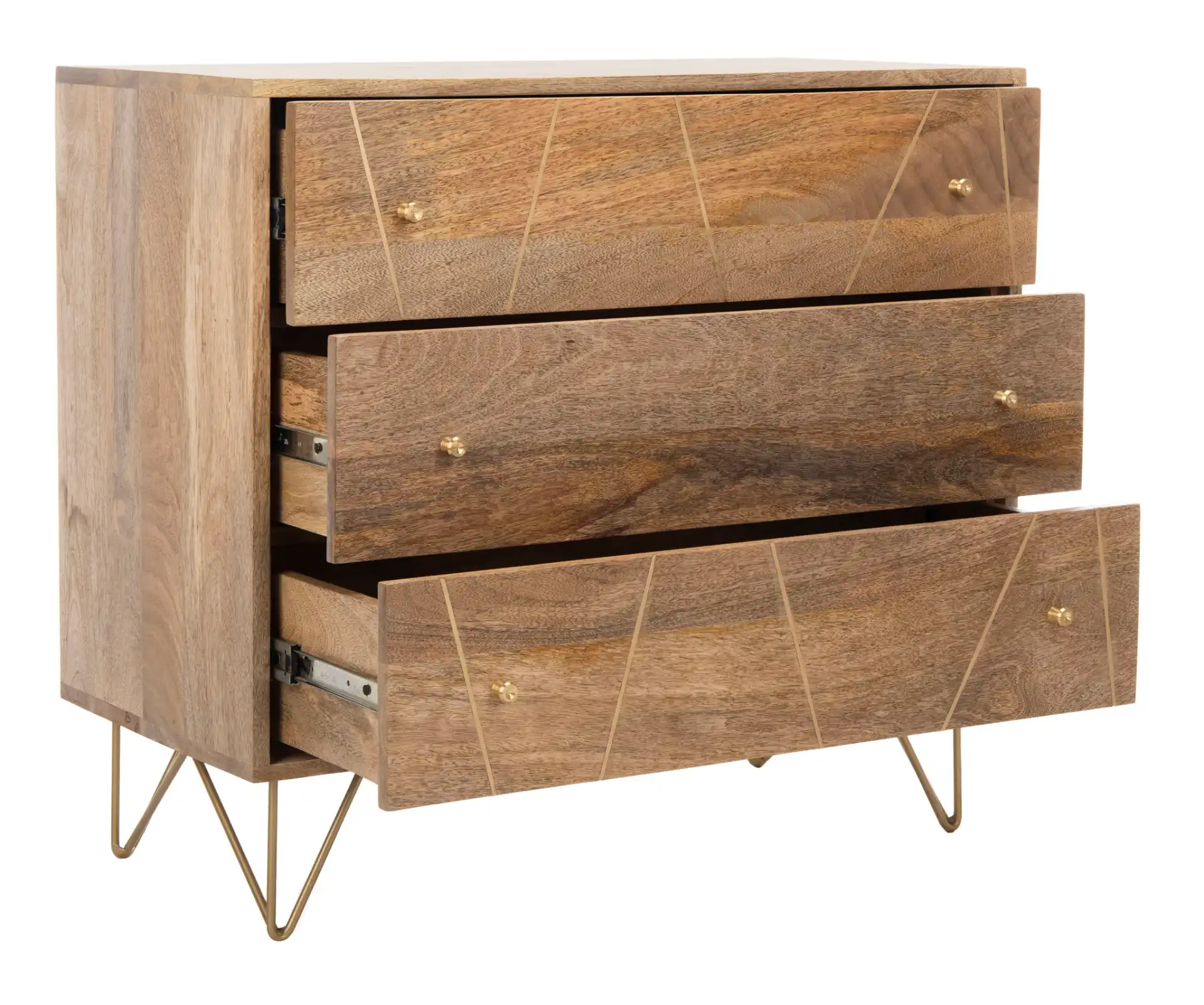Marigold Three-Drawer Chest in Natural / Brass, detail view