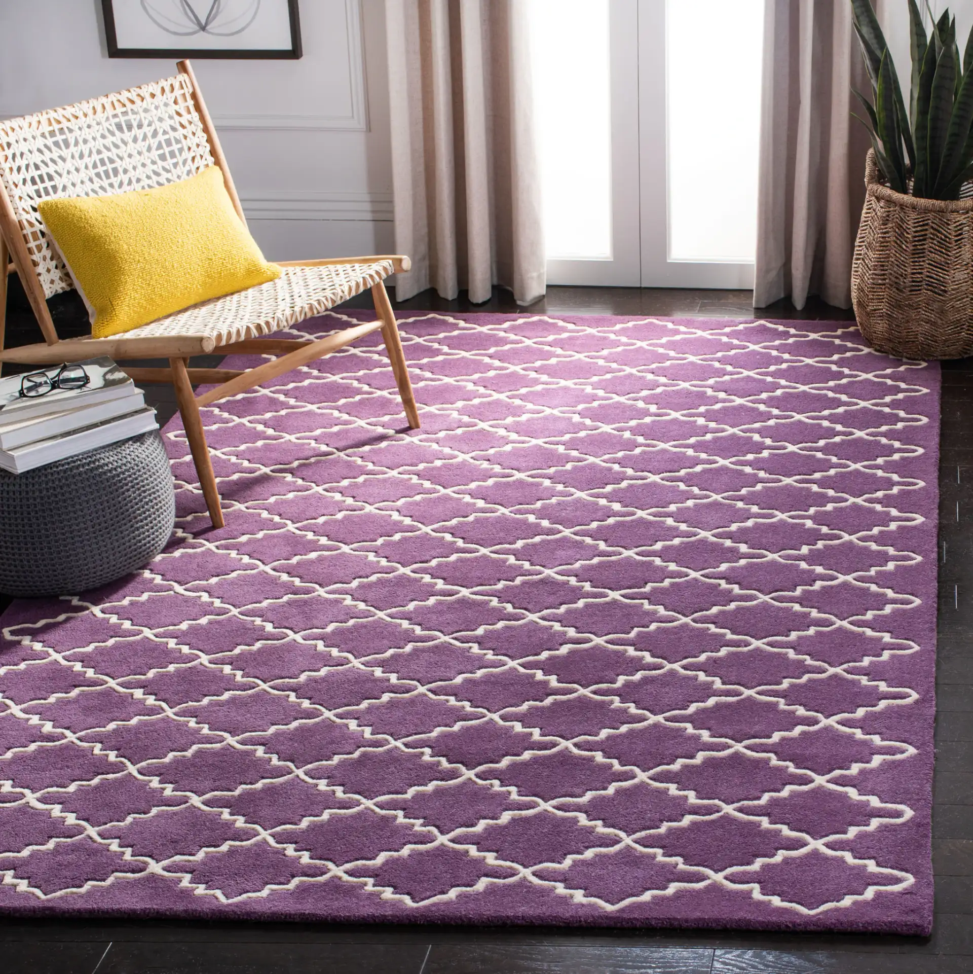 Chatham Stepped Trellis Hand-Tufted Wool Rug in Purple / Ivory in a styled room