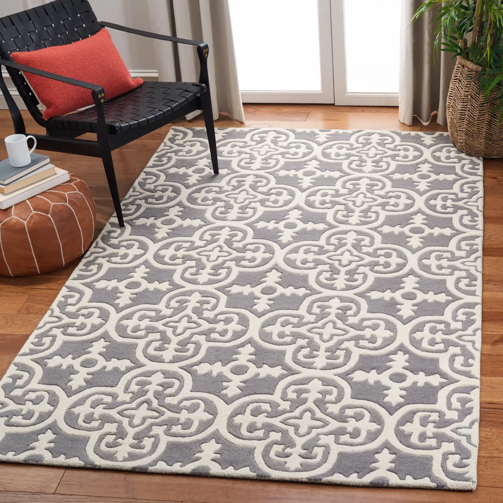 Chatham Tile Trellis Hand-Tufted Wool Rug in Dark Gray / Ivory in a styled room