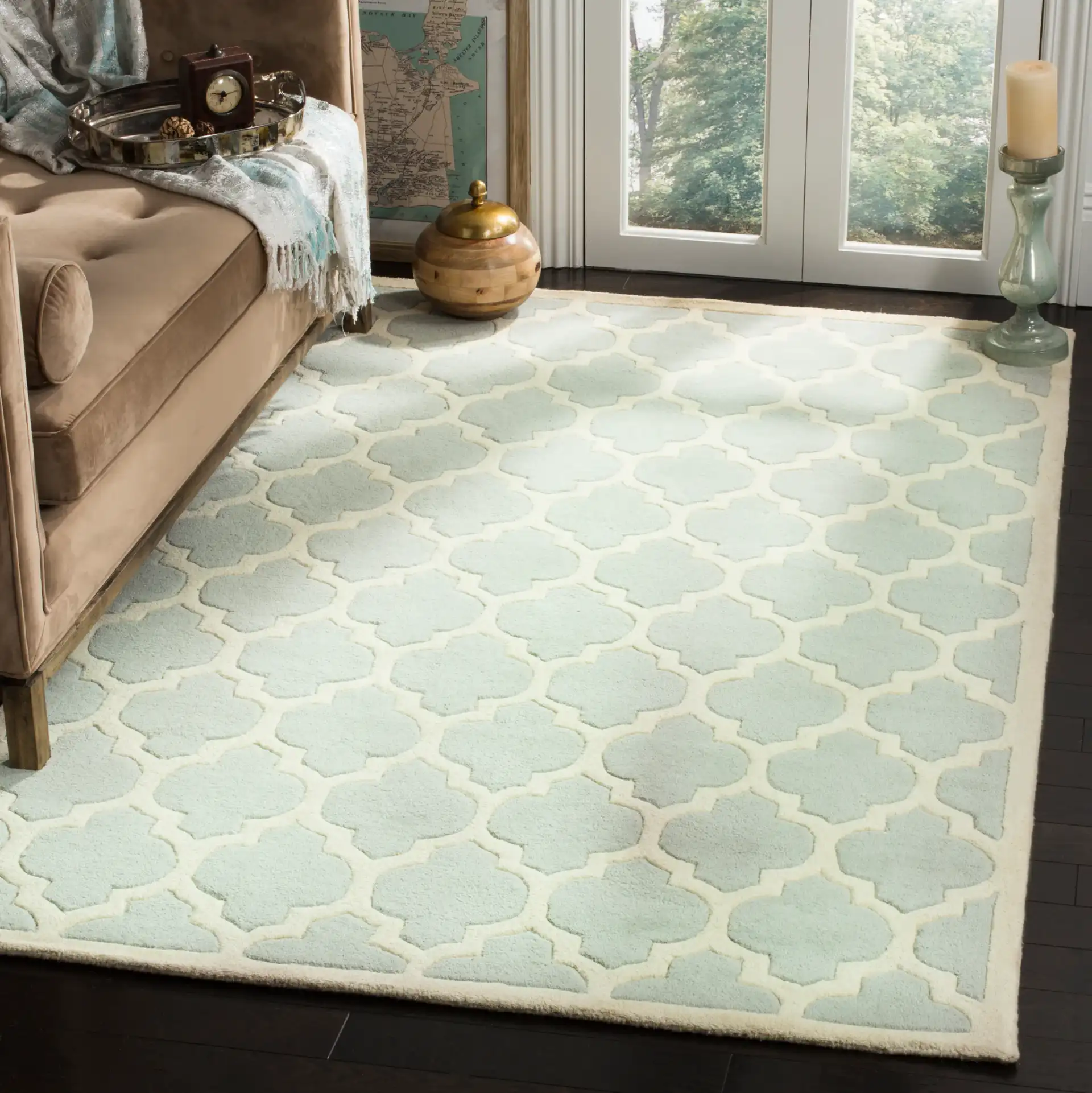 Chatham Lantern Trellis Hand-Tufted Wool Rug in Gray / Ivory in a styled room