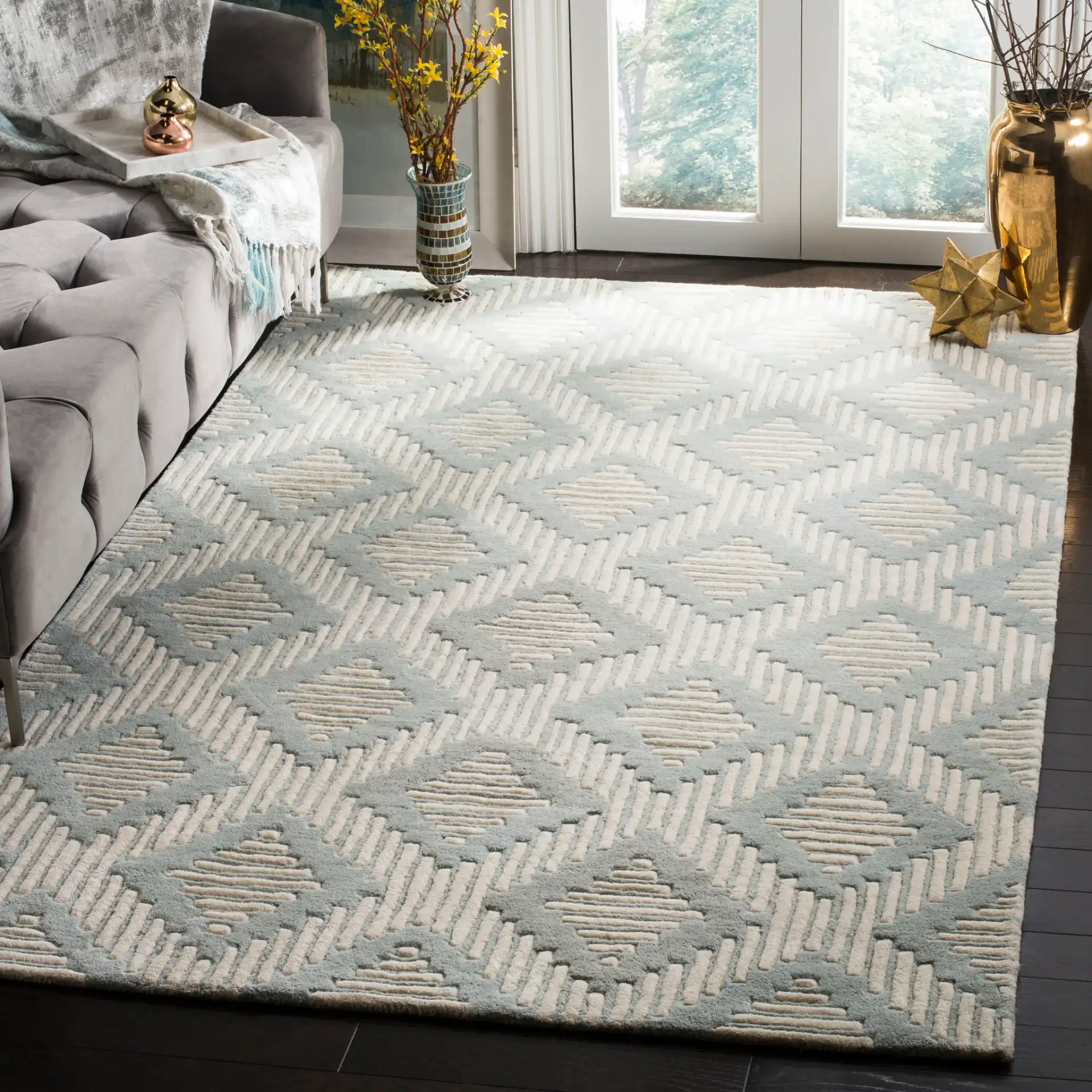 Chatham Dashed Diamond Hand-Tufted Wool Rug in Gray / Ivory in a styled room
