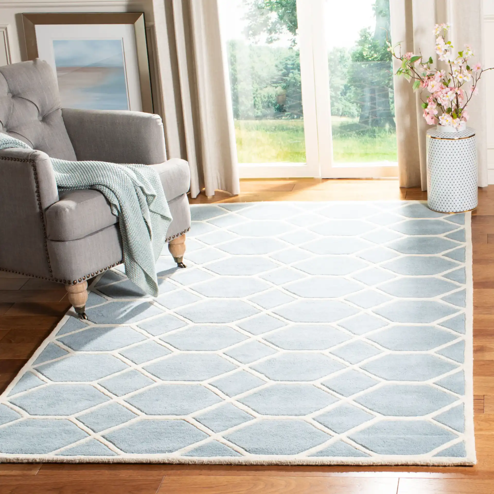 Chatham Honeycomb Lattice Hand-Tufted Wool Rug in Blue / Ivory in a styled room