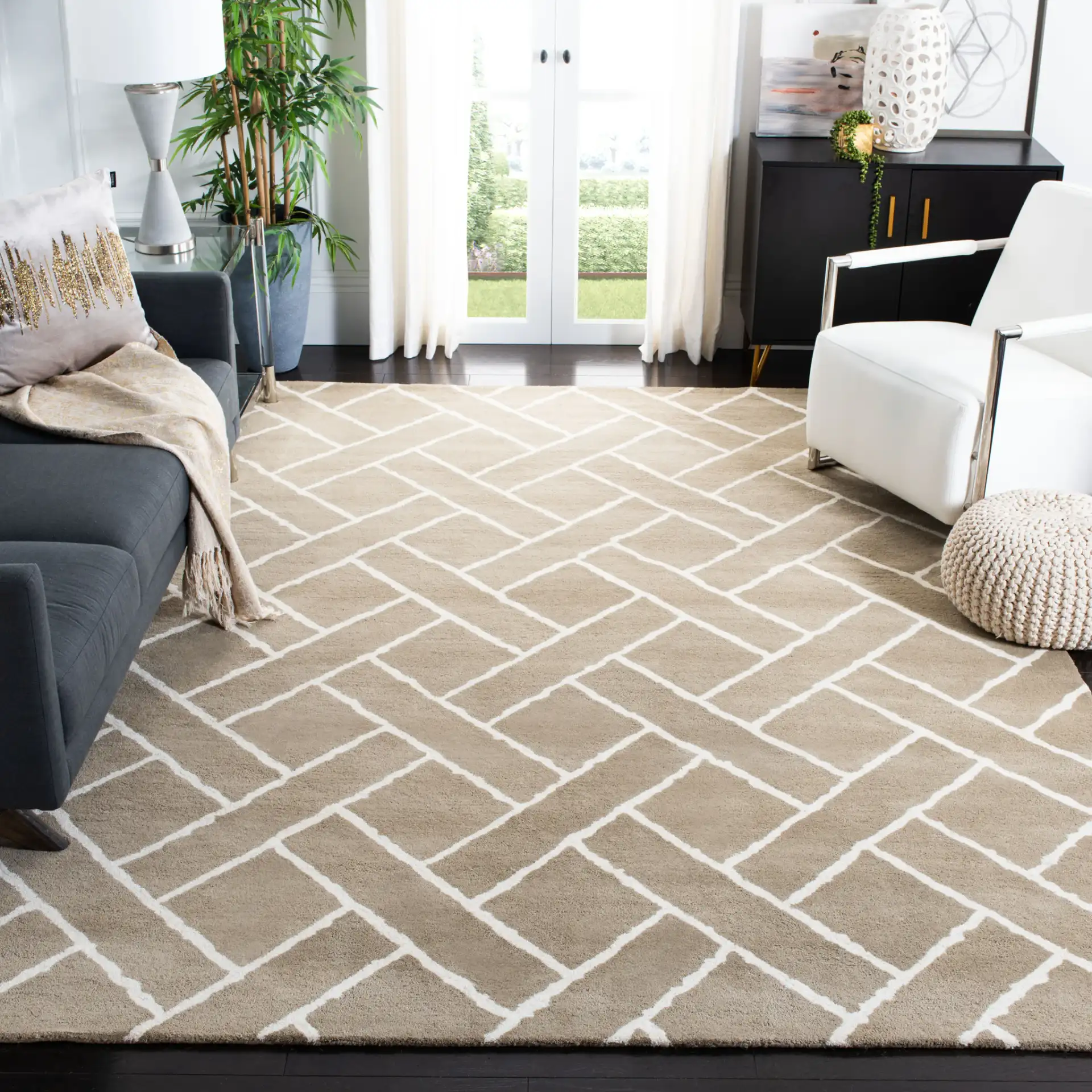 Chatham Lattice Hand-Tufted Wool Rug in Beige / Ivory in a styled room