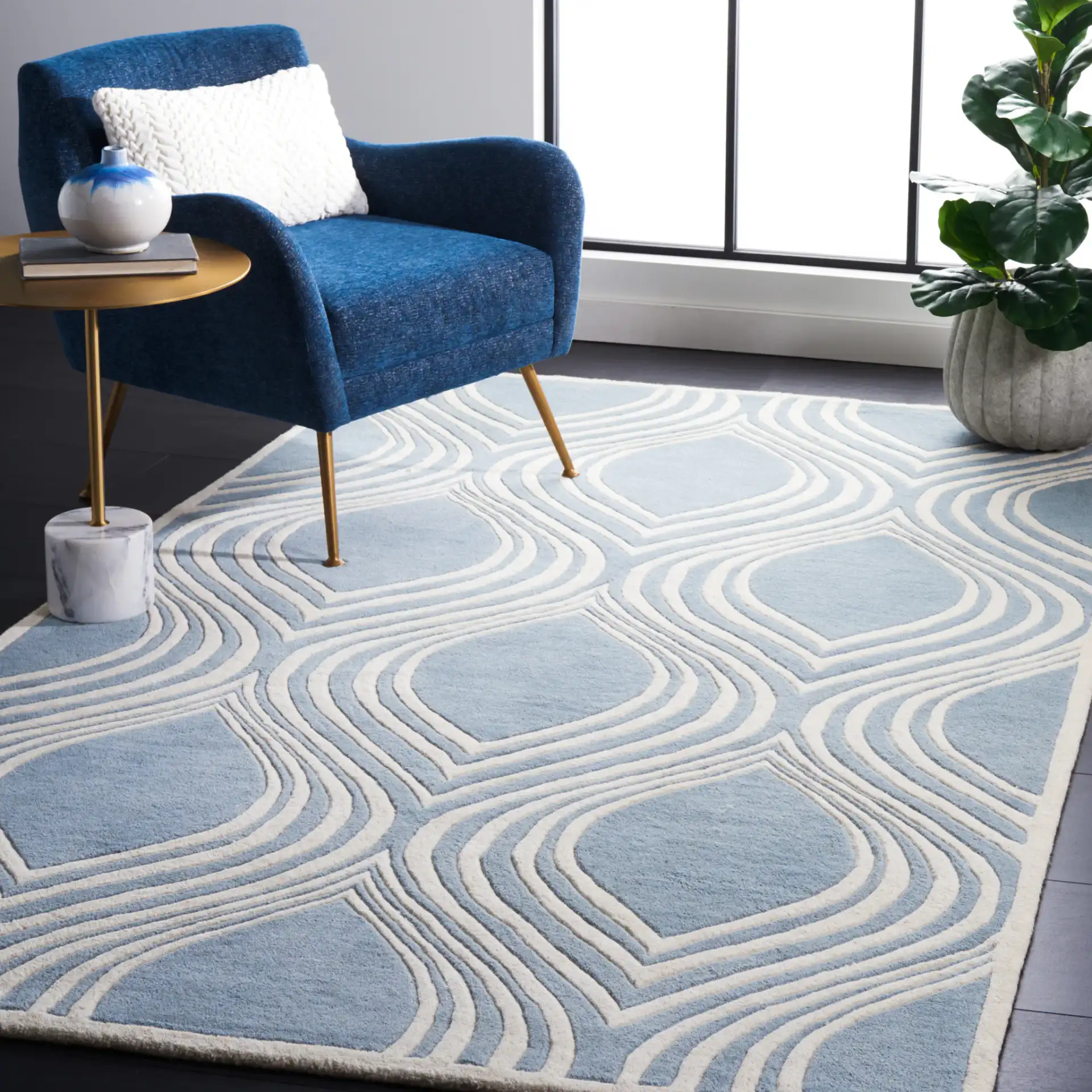 Chatham Wavy Trellis Hand-Tufted Wool Rug in Blue / Ivory in a styled room