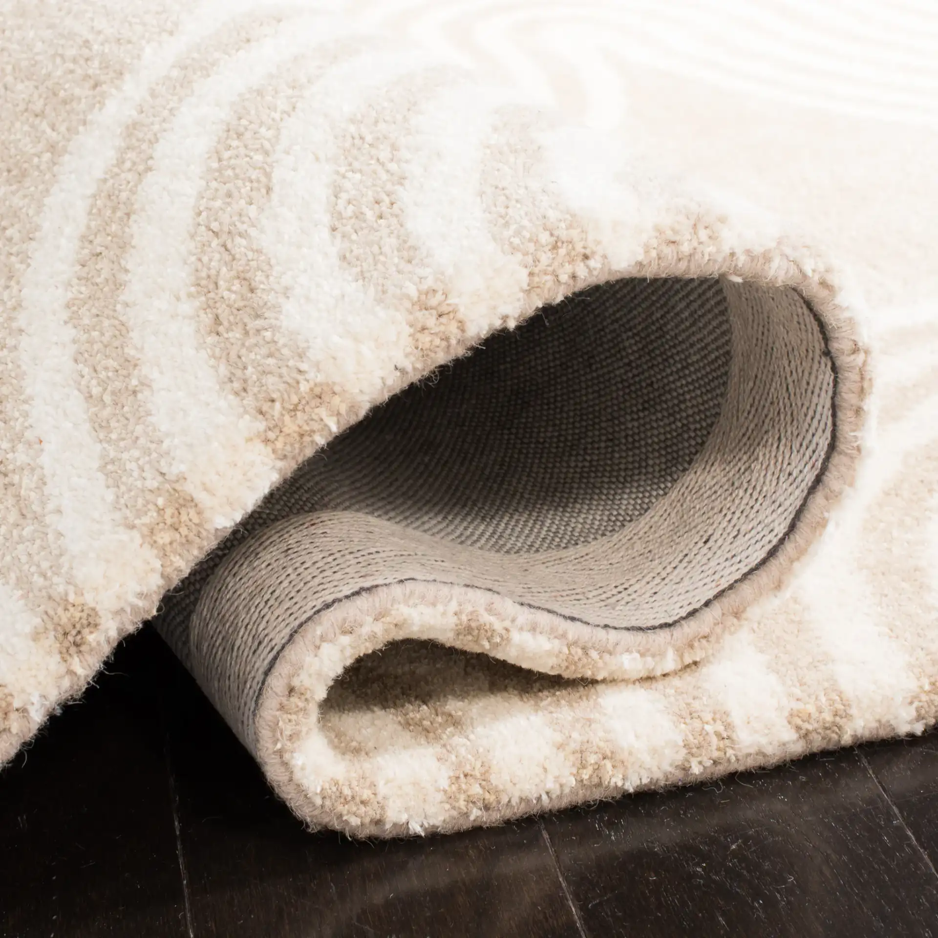 Chatham Wavy Stripe Hand-Tufted Wool Rug in Beige / Ivory in a styled room