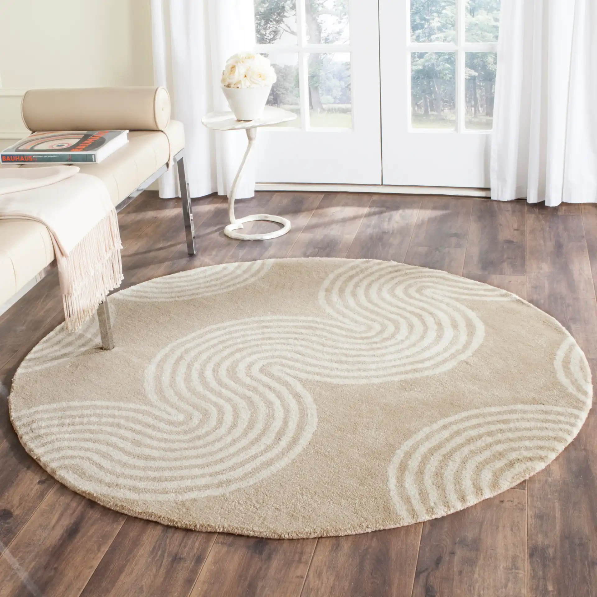 Chatham Wavy Stripe Hand-Tufted Wool Rug in Beige / Ivory in a styled room