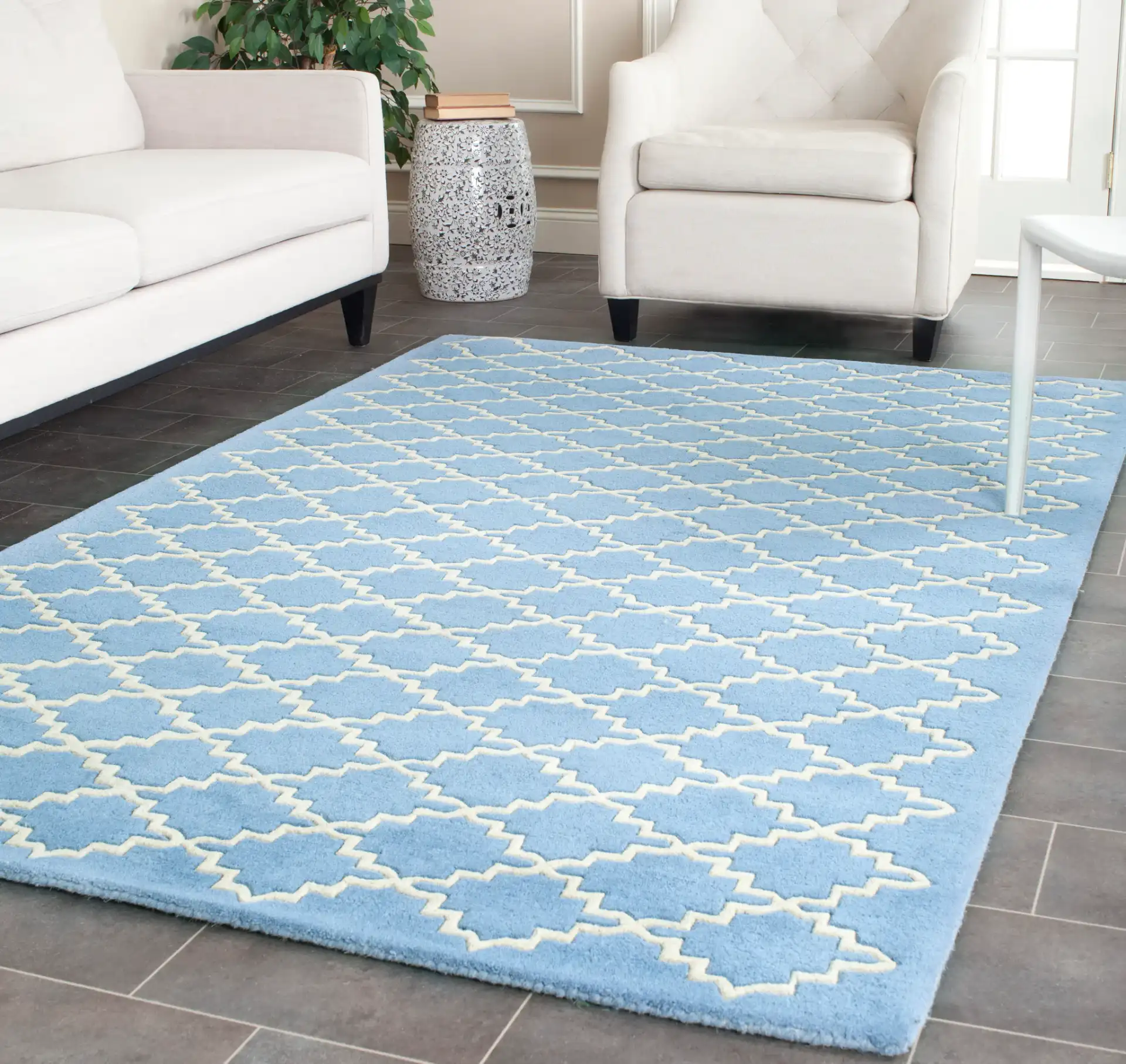 Chatham Notched Trellis Hand-Tufted Wool Rug in Blue Gray in a styled room