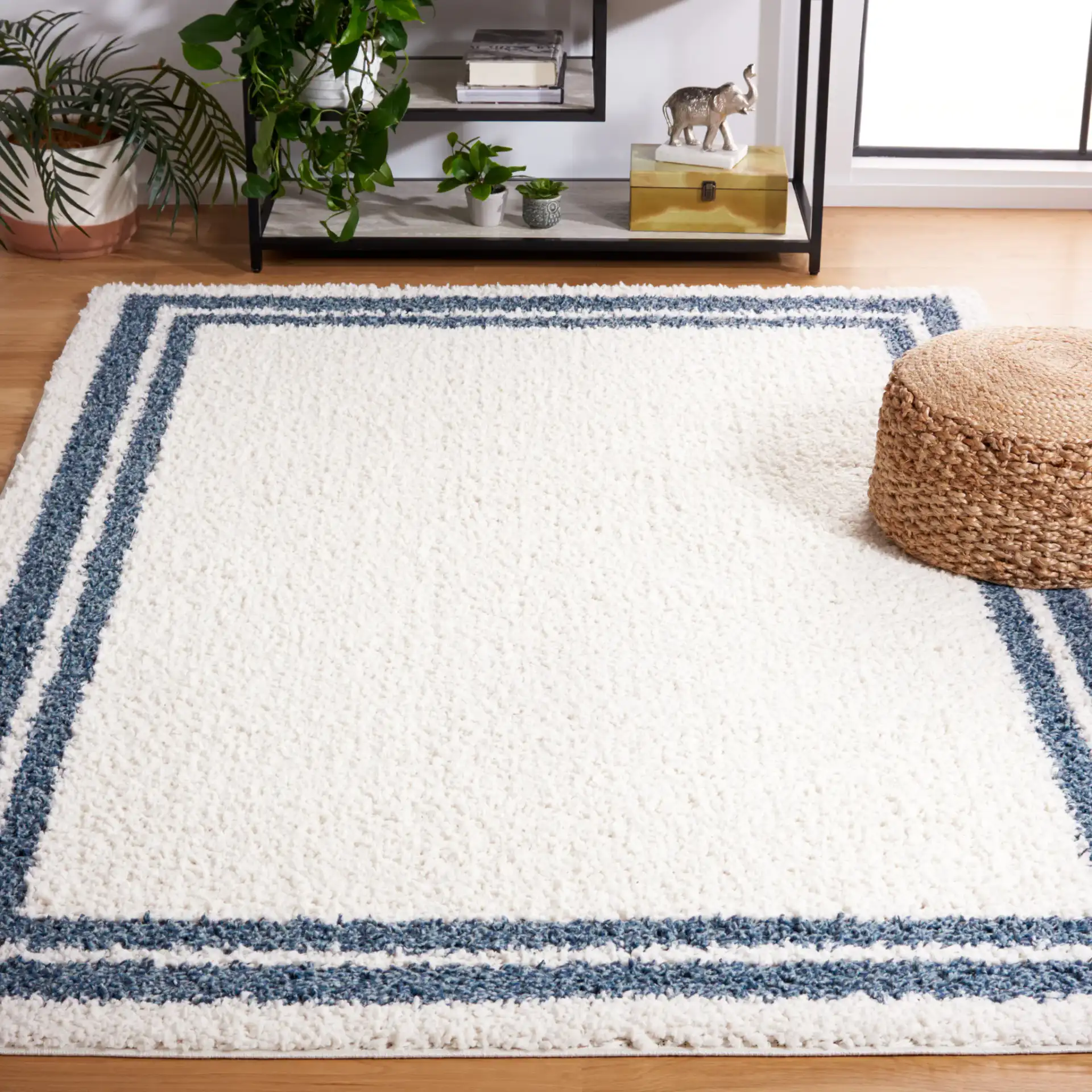 Calico Double Border Shag Rug in Ivory / Blue in a styled room