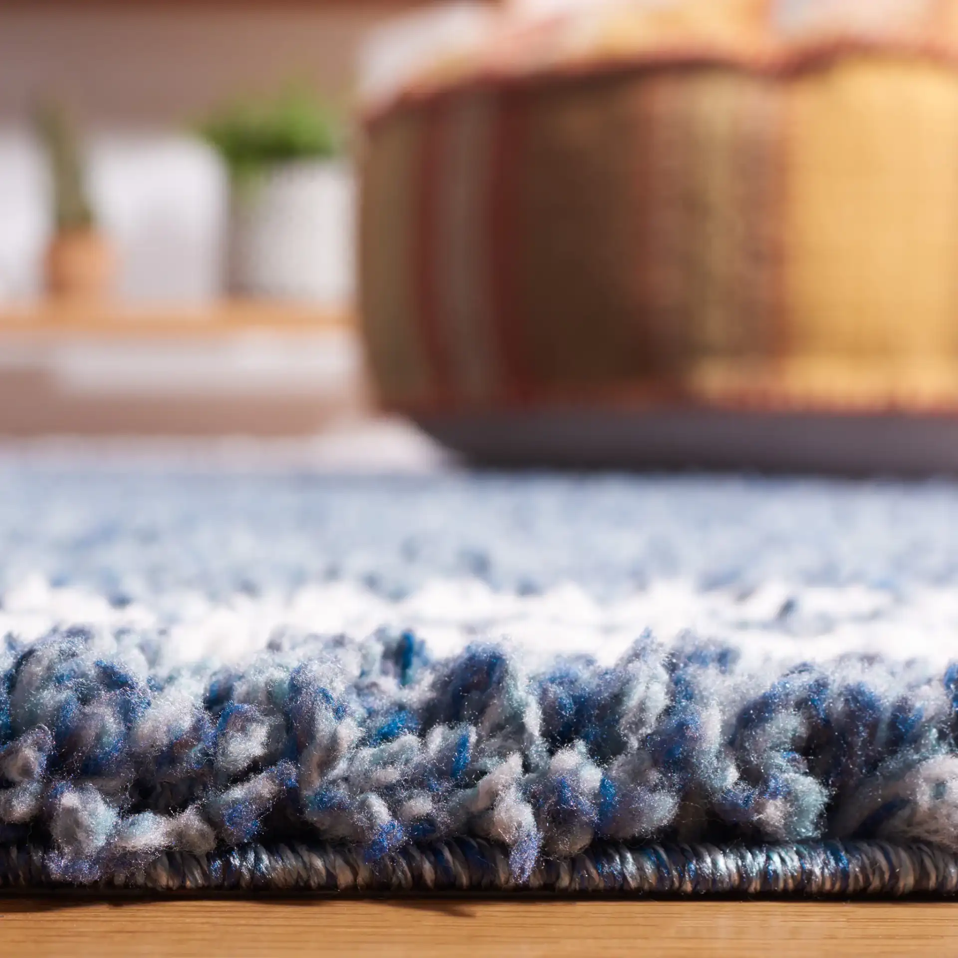 Calico Double Border Shag Rug in Blue / Ivory in a styled room