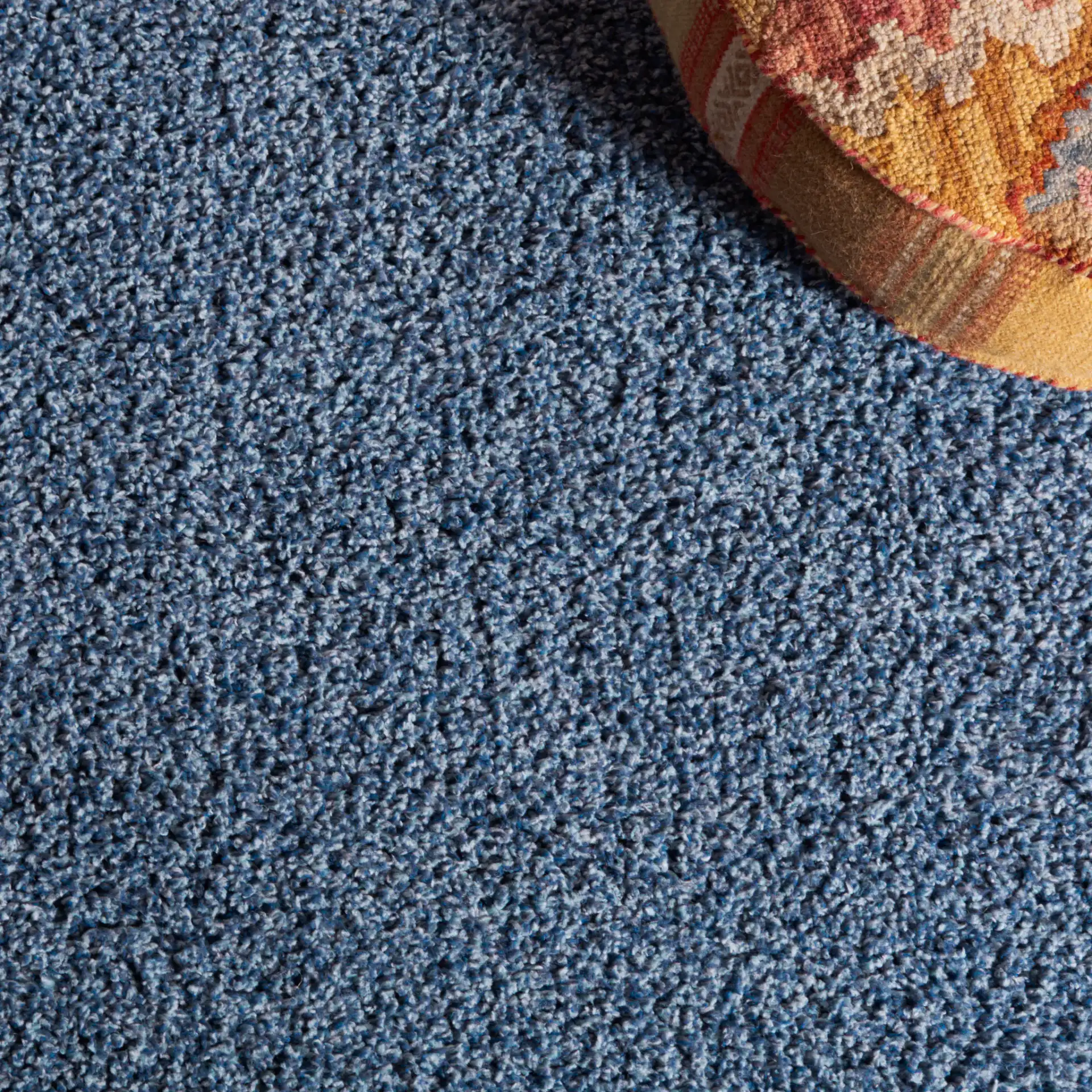 Calico Double Border Shag Rug in Blue / Ivory in a styled room