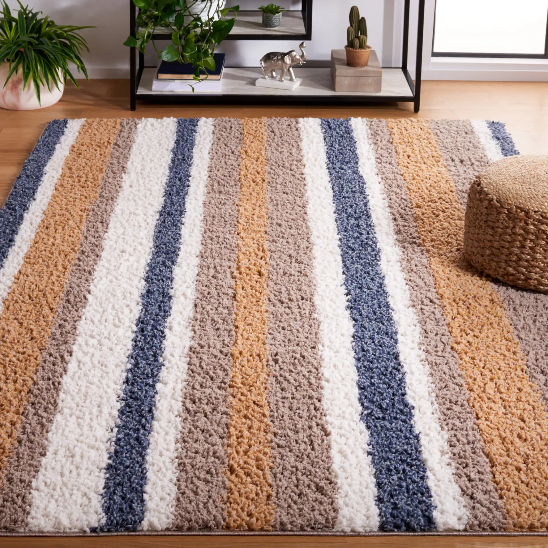 Calico Continuous Stripe Shag Rug in Taupe / Ivory in a styled room