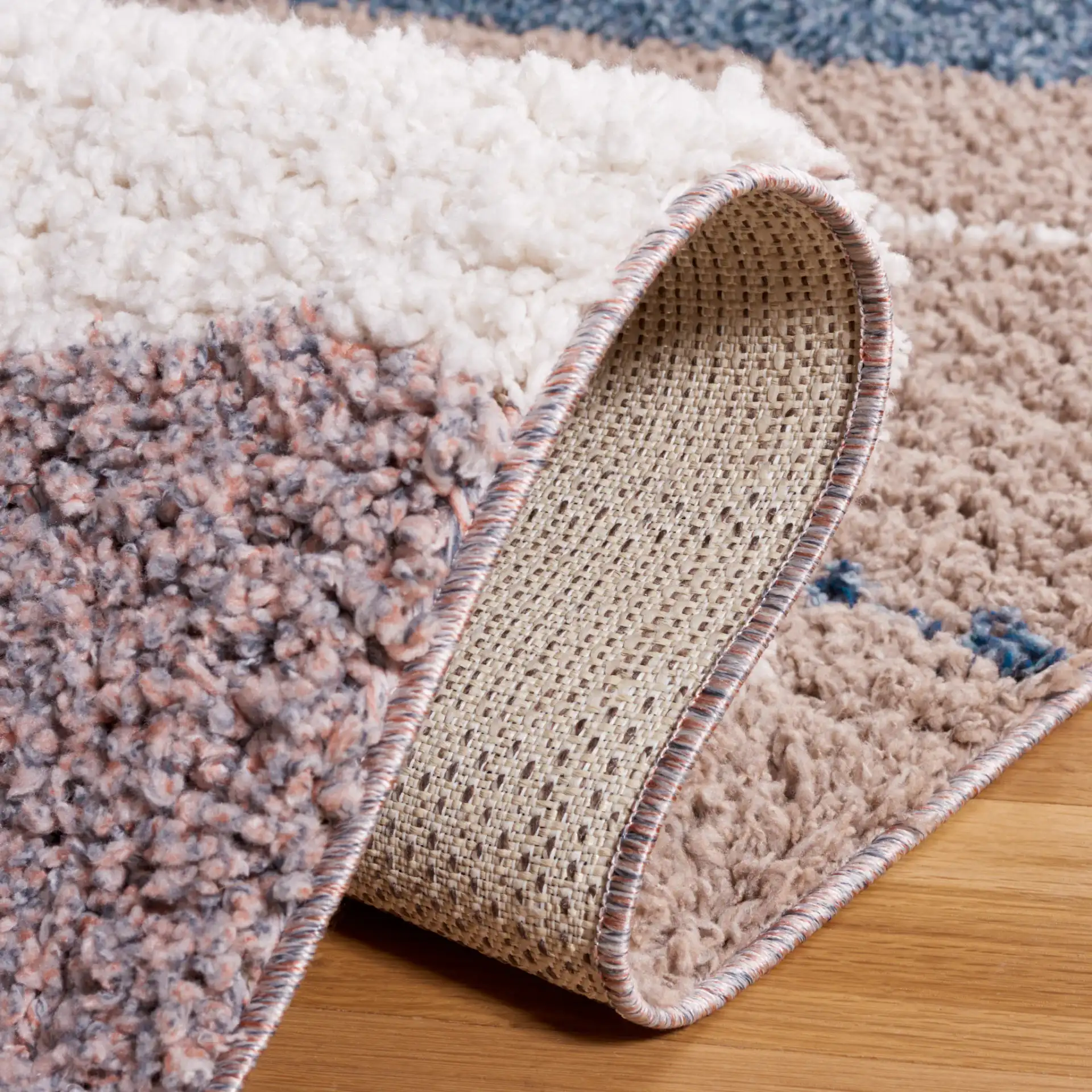 Calico Wave Shag Rug in Taupe / Blue in a styled room