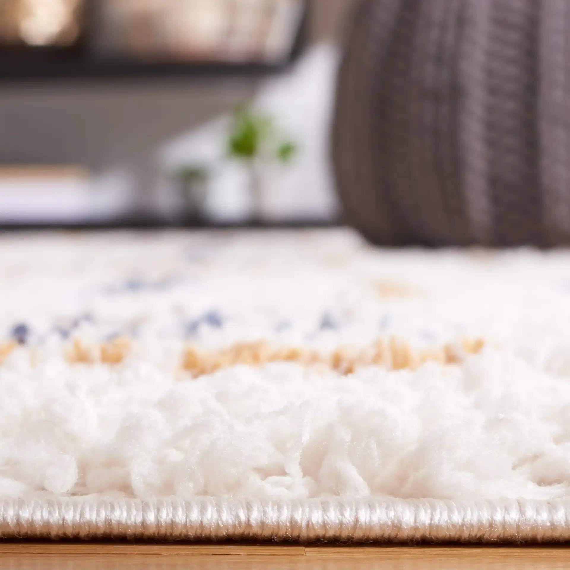 Calico Basketweave Shag Rug in Ivory / Gold in a styled room