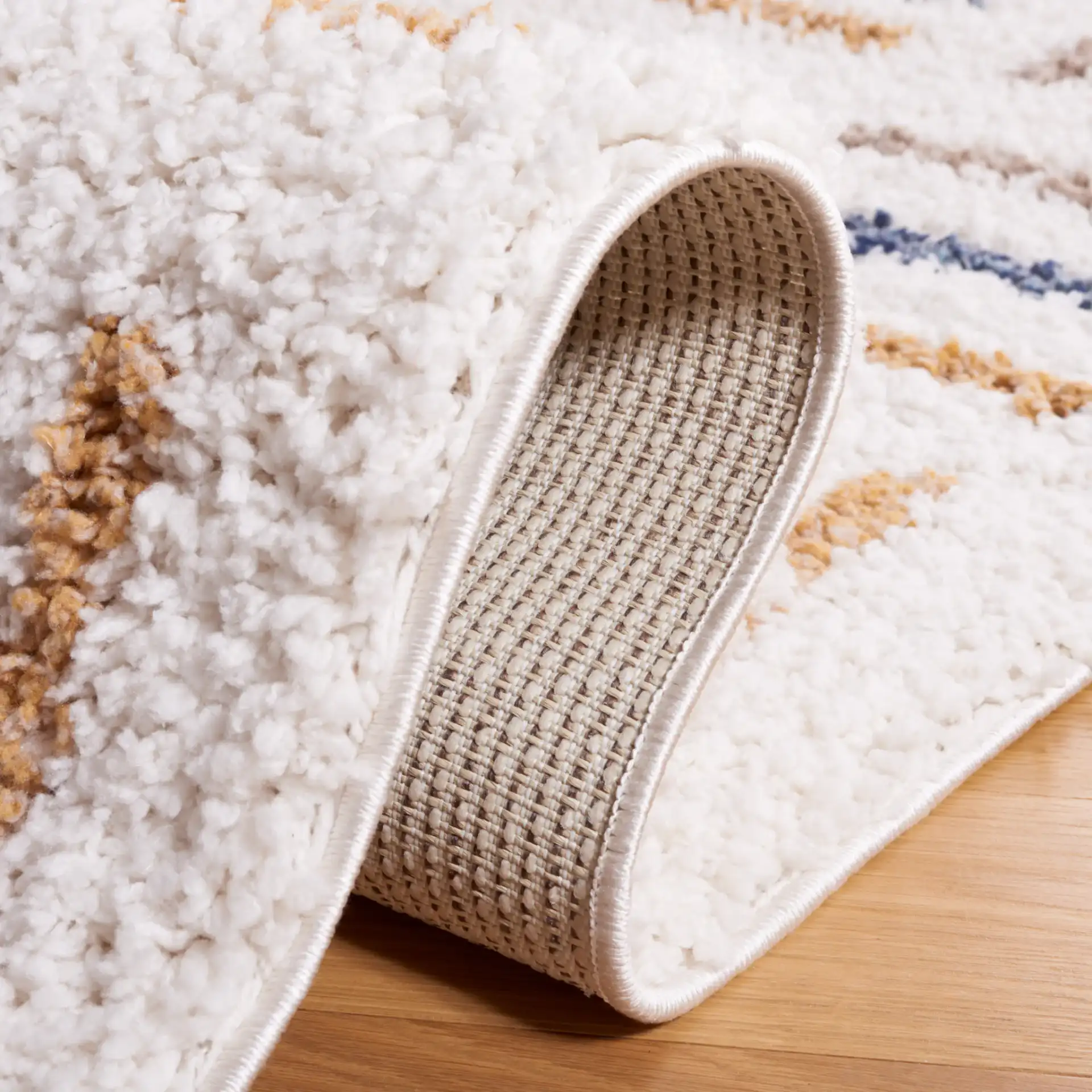 Calico Basketweave Shag Rug in Ivory / Gold in a styled room